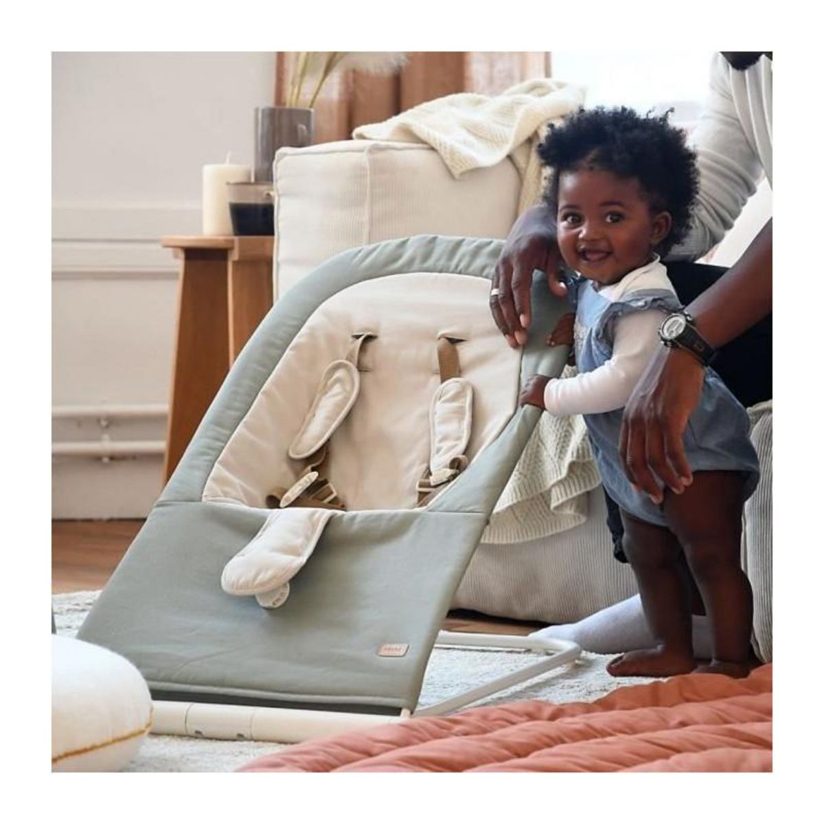 BEABA BÉABA, Transat Pliable, 3 inclinaisons en 1 Bouton, Ultra Compact et Fin, Eazy Relax - Lichen