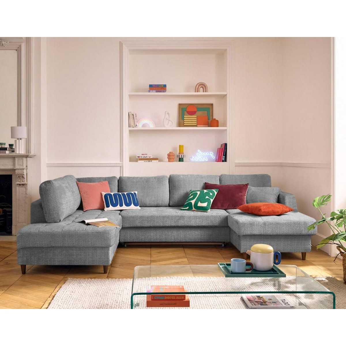 LISA DESIGN Anna - canapé panoramique d'angle gauche 7 places convertible avec coffre en velours texturé