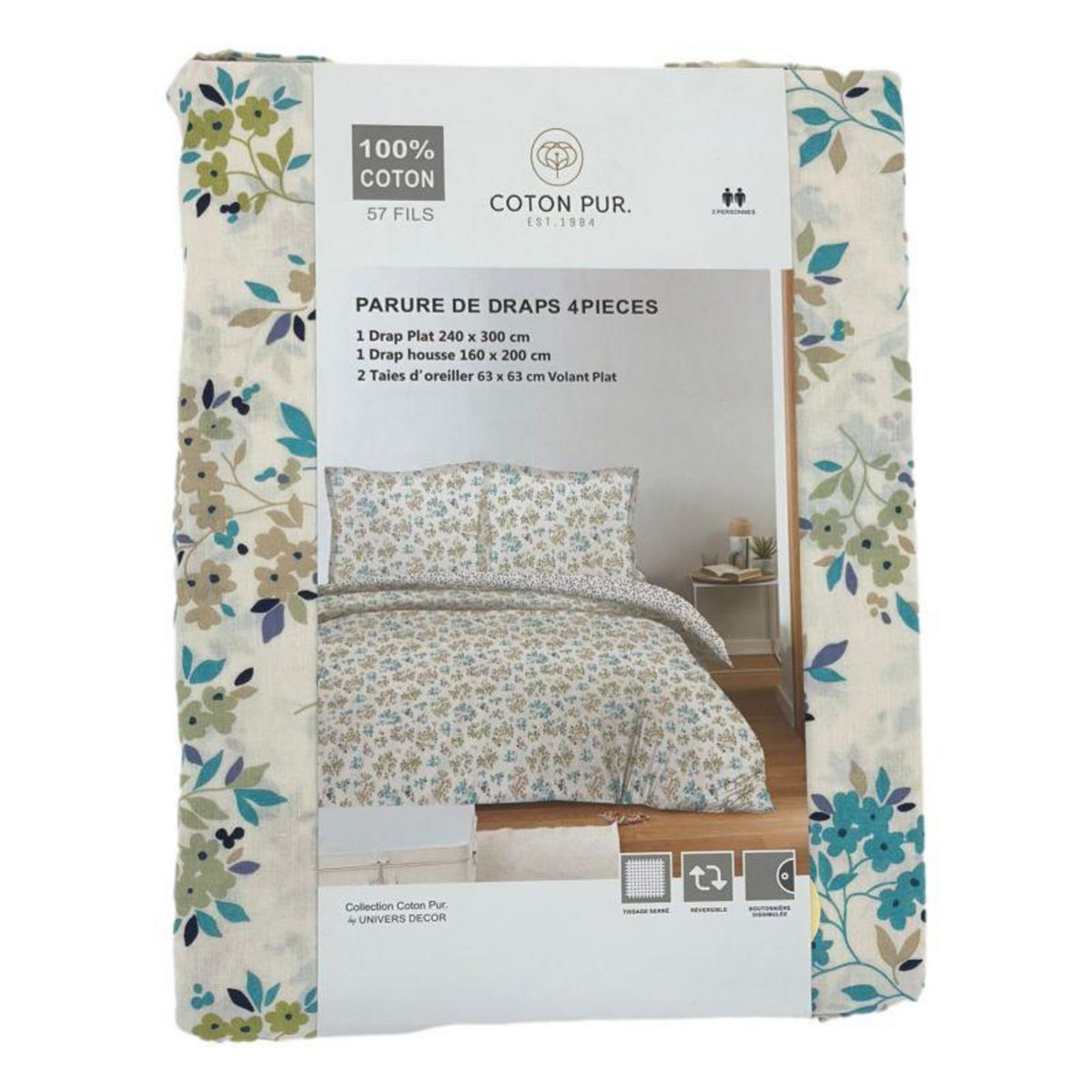 COTON PUR Parure de draps 4 pièces pour lit 160 x 200 cm  Grande largeur  Tanya cyan