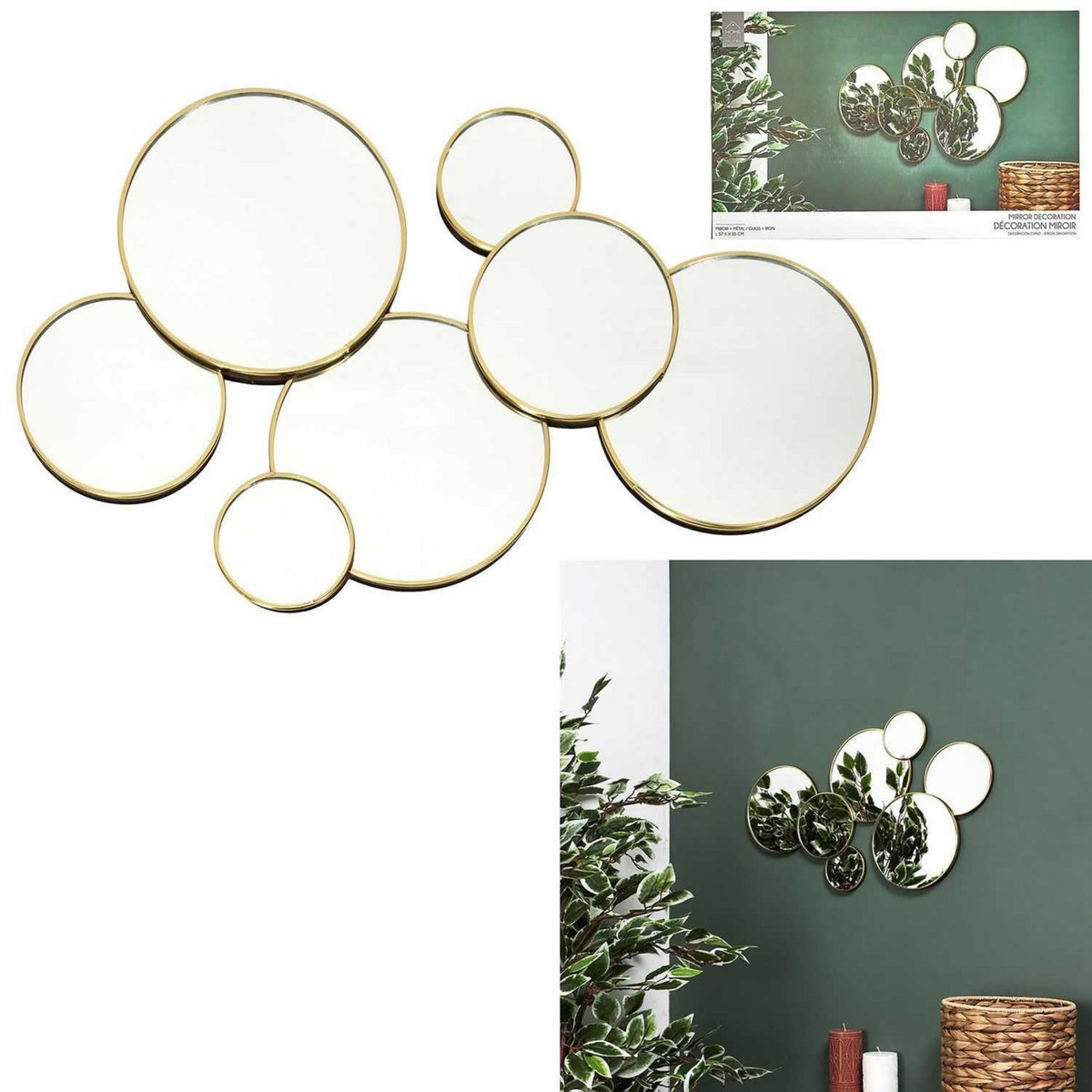 TOILINUX Décoration murale 7 miroirs ronds 57x35cm - Doré