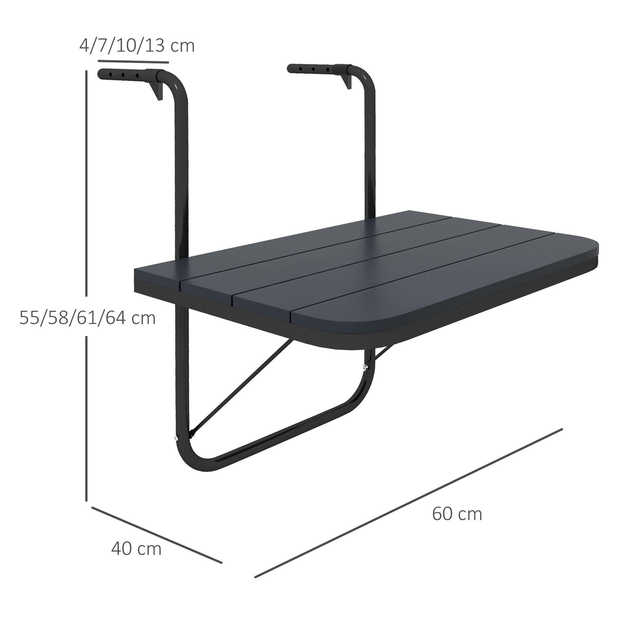 Voir la diapositive 3 : OUTSUNNY Table suspendue de balcon pliable dim. plateau 60L x 40l cm hauteur réglable 55-64H cm alu plastique noir