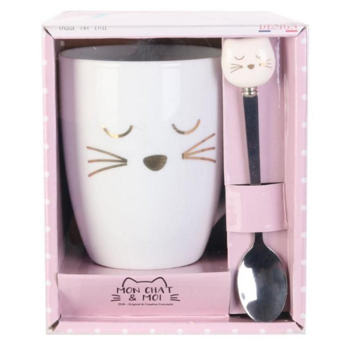 Paris Prix Mug Déco avec Cuillère  Chat  11cm Blanc