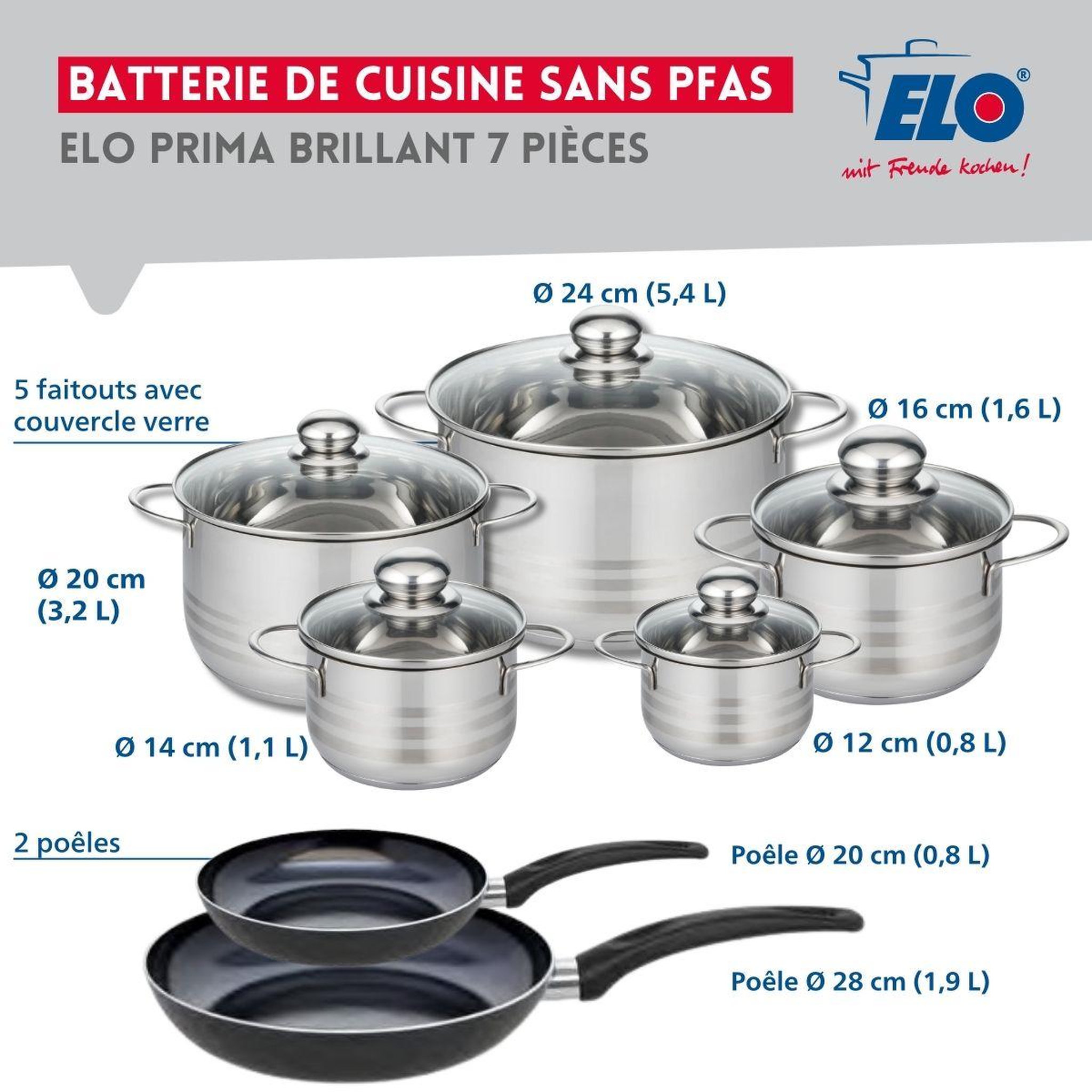 Voir la diapositive 2 : ELO Ensemble de 2 poêles de cuisson 20 et 28 cm et 5 faitouts 12, 14, 16, 20 et 24 cm elo prima brillant