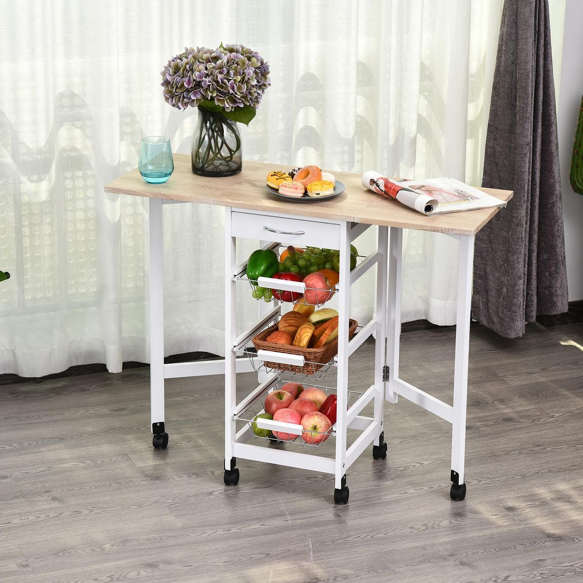 HOMCOM Chariot de service desserte de cuisine à roulettes multi-rangements 3 paniers métal + tiroir + rallonges MDF blanc chêne clair