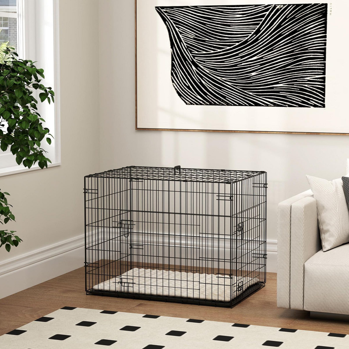 PAWHUT Cage chien pliable - 2 portes verrouillables, plateau amovible, coussin - 76 x 53 x 60 cm - beige noir