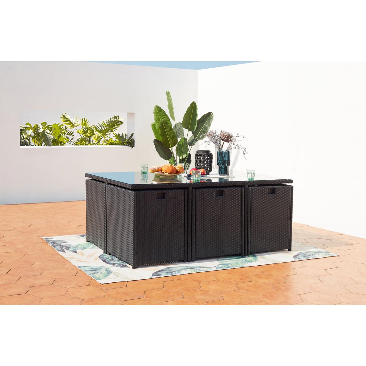 CONCEPT USINE Table et chaises 10 places encastrables résine noir-blanc MIAMI