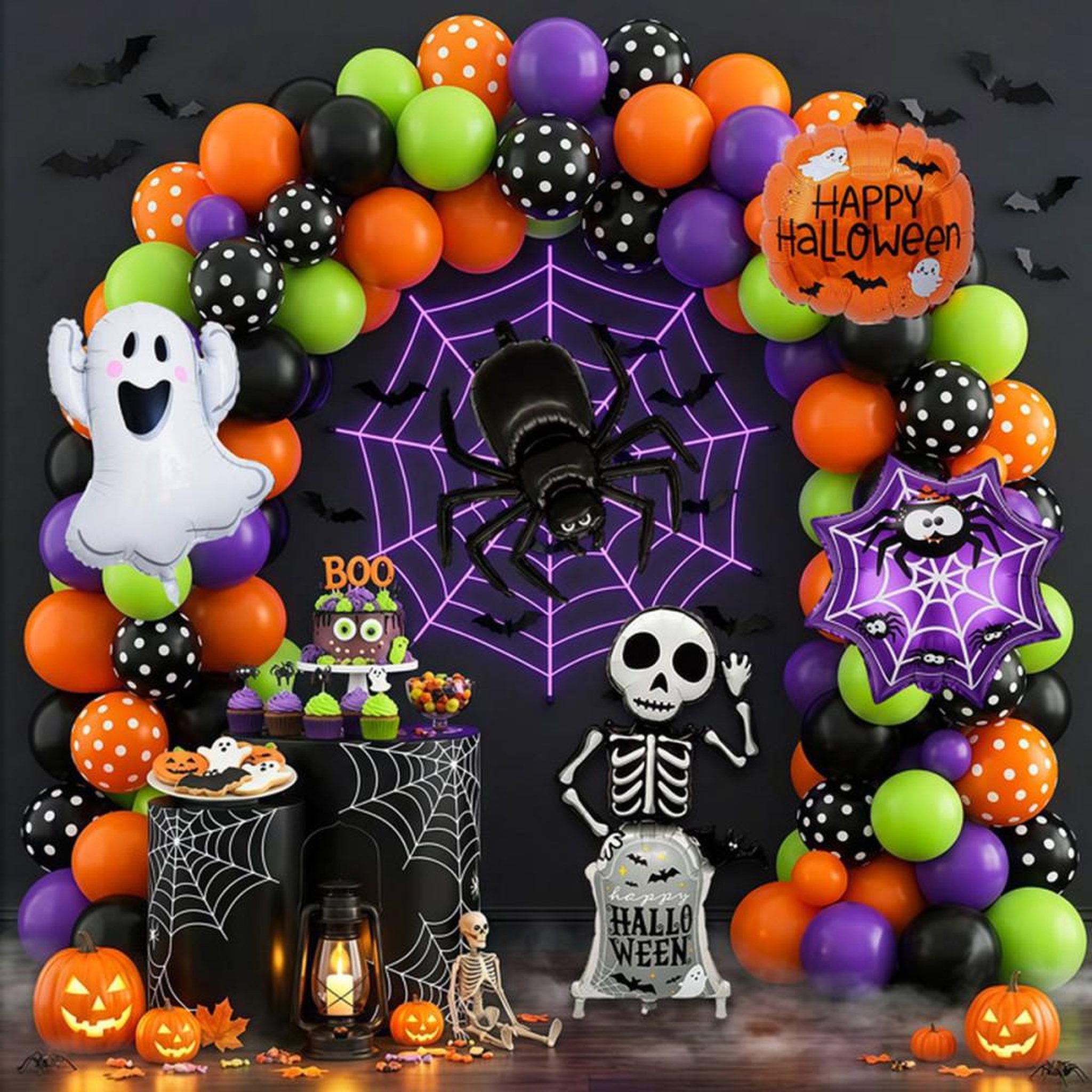 Voir la diapositive 5 : Décoration fête Halloween avec ballons 108 pièces, noir, orange, violet et vert, chauves-souris et panneaux  Happy Halloween