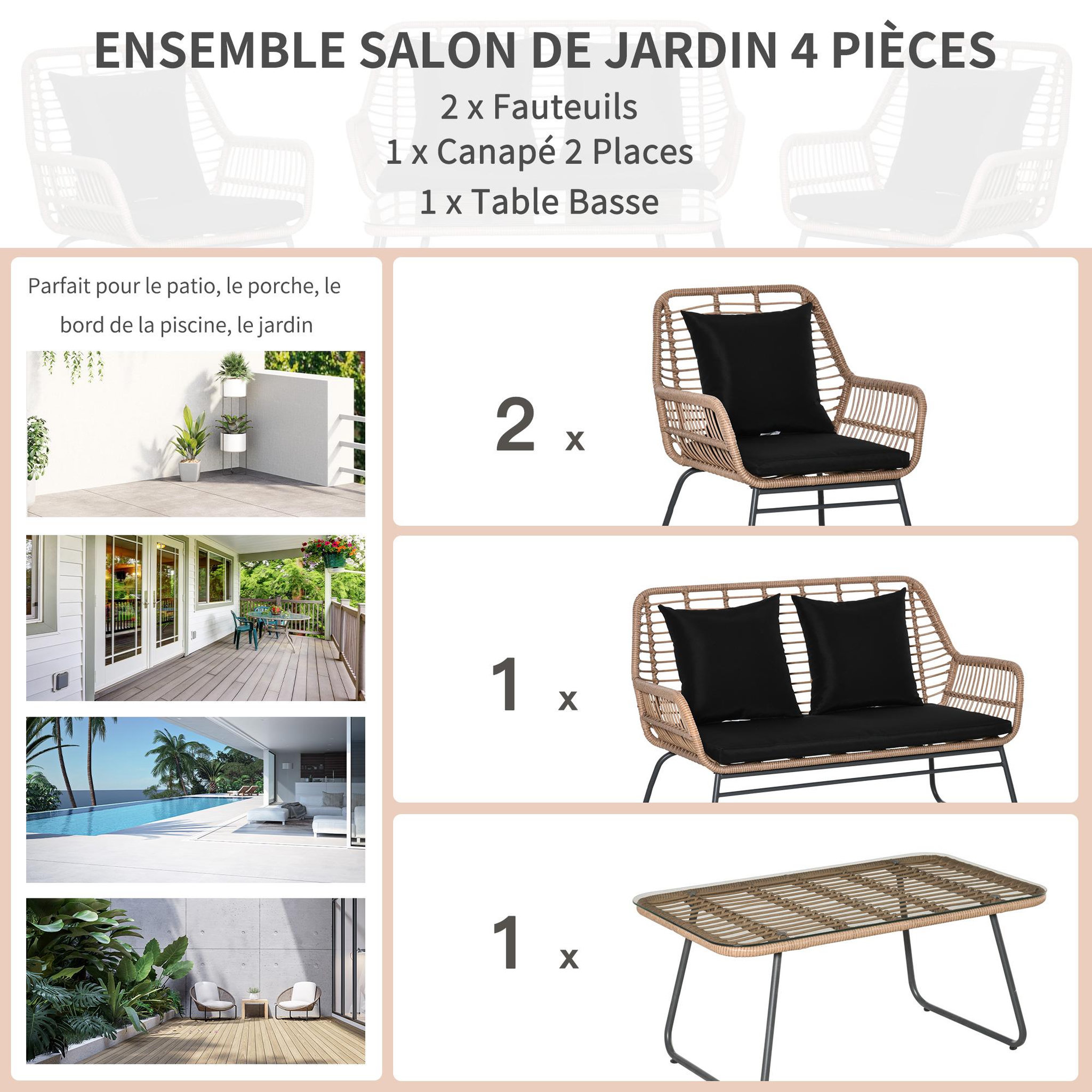 Voir la diapositive 4 : OUTSUNNY Salon de jardin 4 places 4 pièces style exotique métal époxy résine imitation bambou coussins grand confort inclus polyester noir