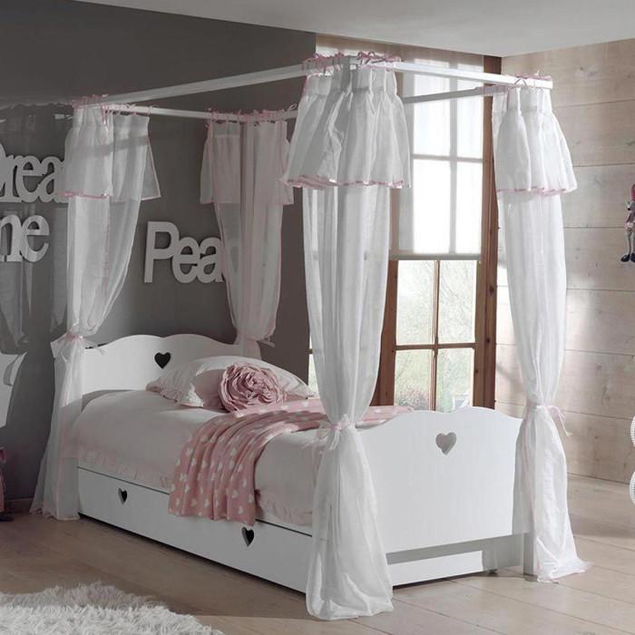 Paris Prix Pack - Lit à Baldaquin Enfant, Sommier, Tiroir & Voile  Amori  90x200cm Blanc