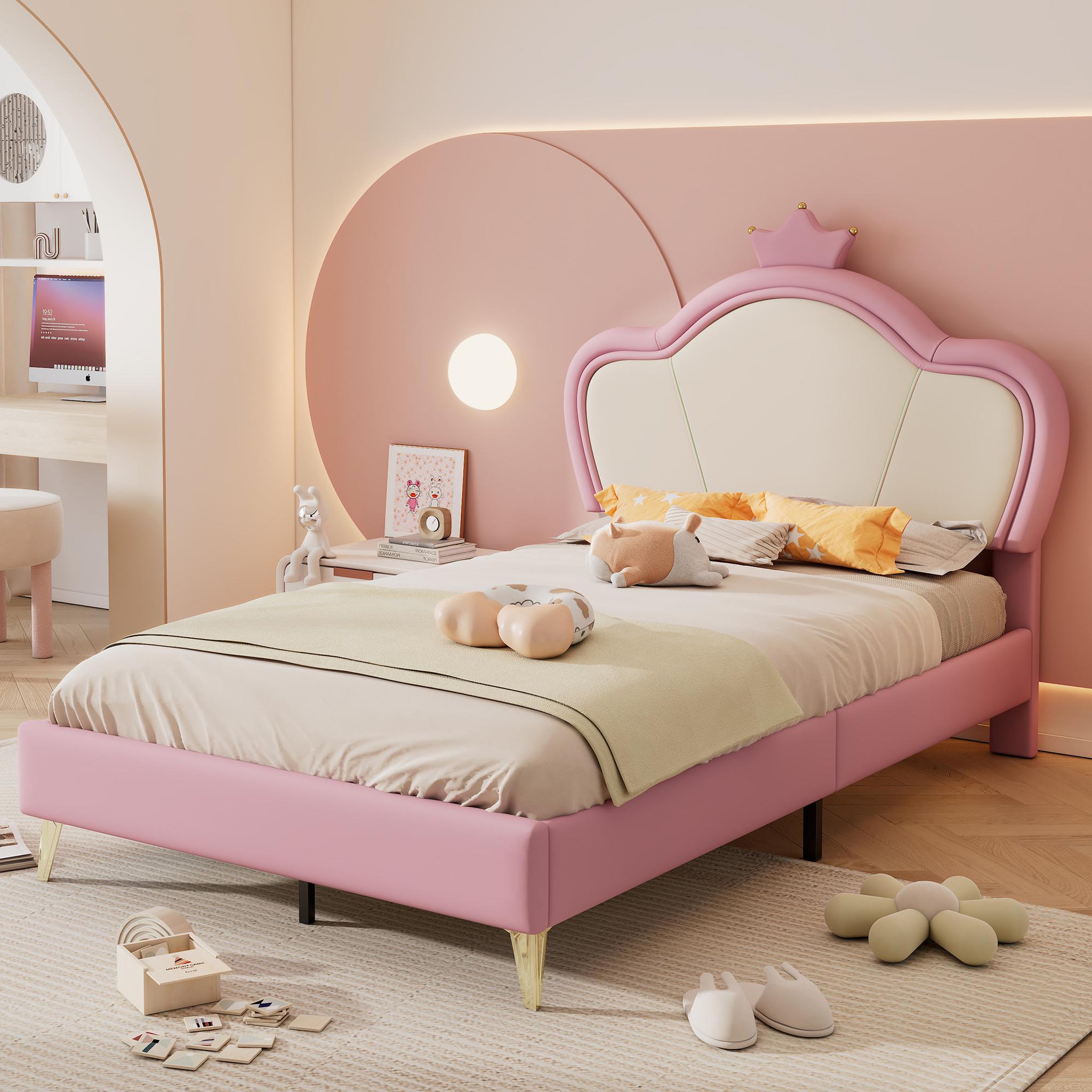 Voir la diapositive 2 : MERAX Lit simple enfant rembourré 90x200cm pu coloris rose