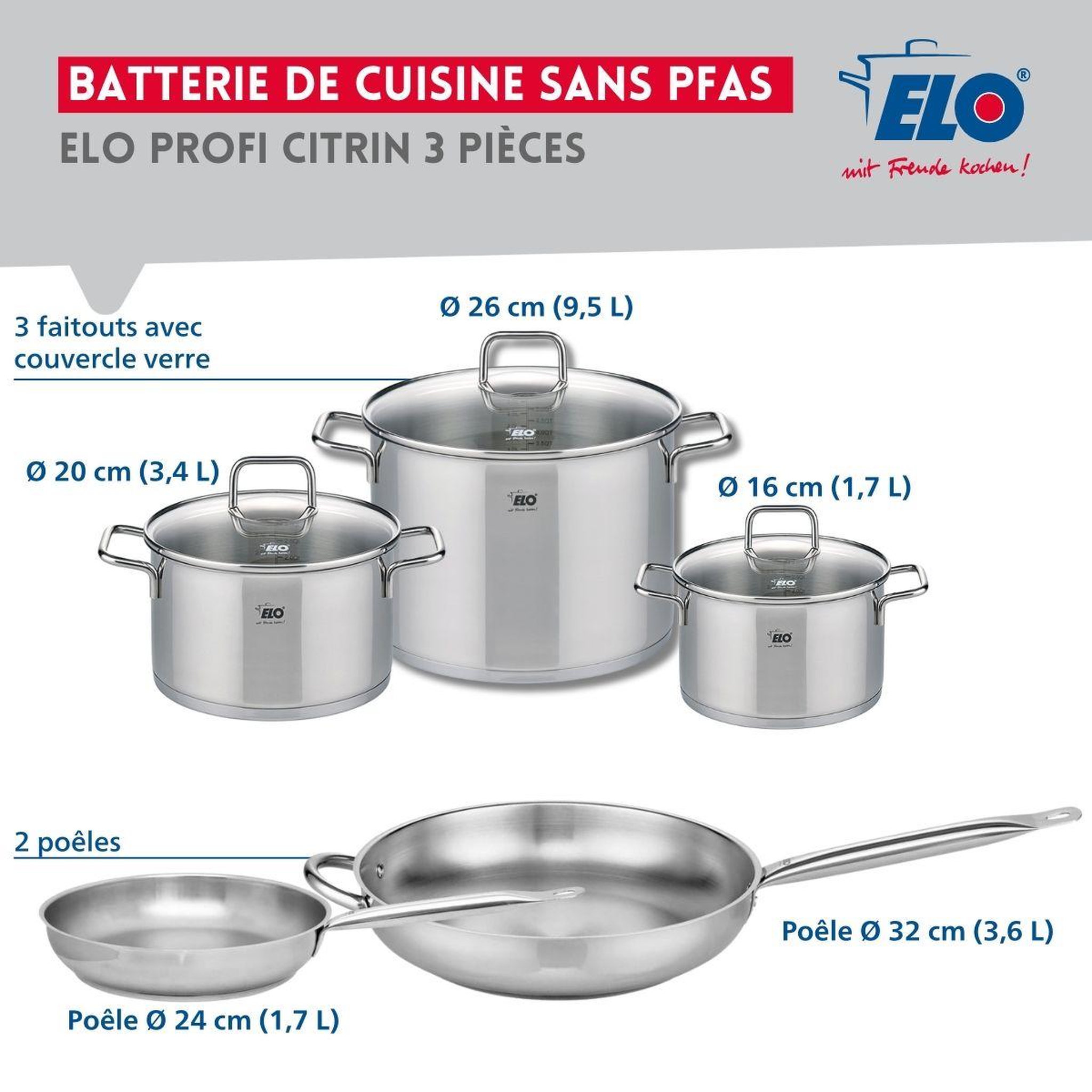 Voir la diapositive 2 : ELO Ensemble de 2 poêles de cuisson 24 et 32 cm et 3 faitouts 16, 20 et 26 cm elo profi citrin