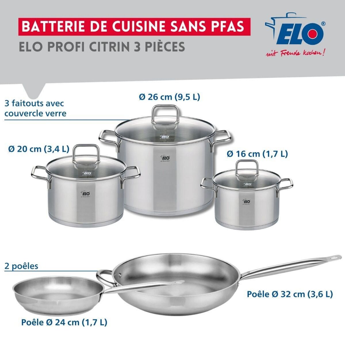ELO Ensemble de 2 Poêles de cuisson 24 et 32 cm et 3 faitouts 16, 20 et 26 cm Elo Profi Citrin
