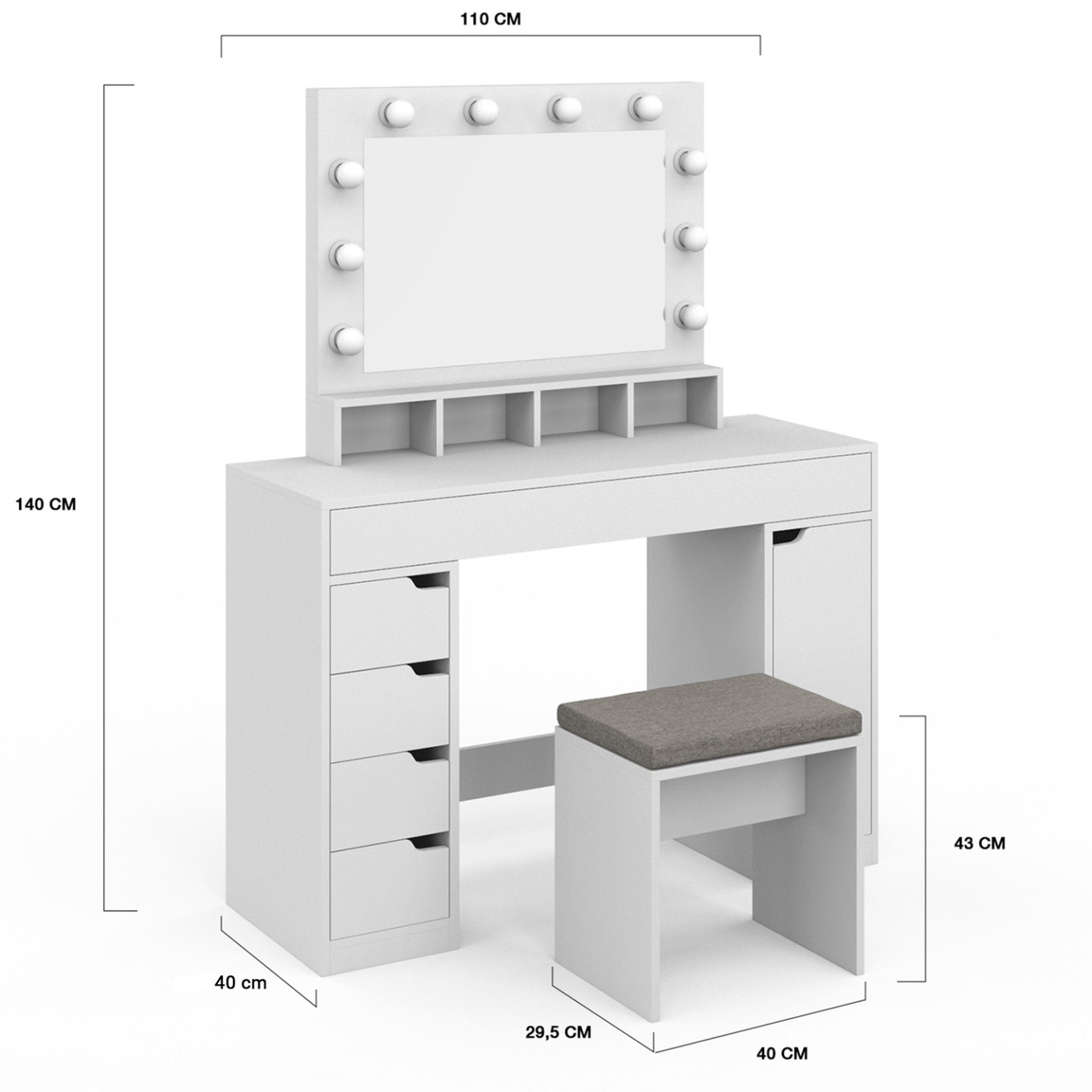 Voir la diapositive 4 : ID MARKET Coiffeuse zelia blanche miroir led avec 4 niches, 5 tiroirs, 1 caisson de rangement et tabouret rembourré