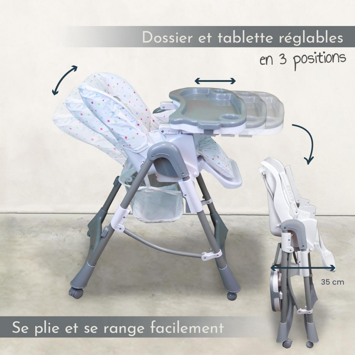 Monsieur Bébé Chaise haute bébé pliable réglable hauteur dossier tablette - Ptit