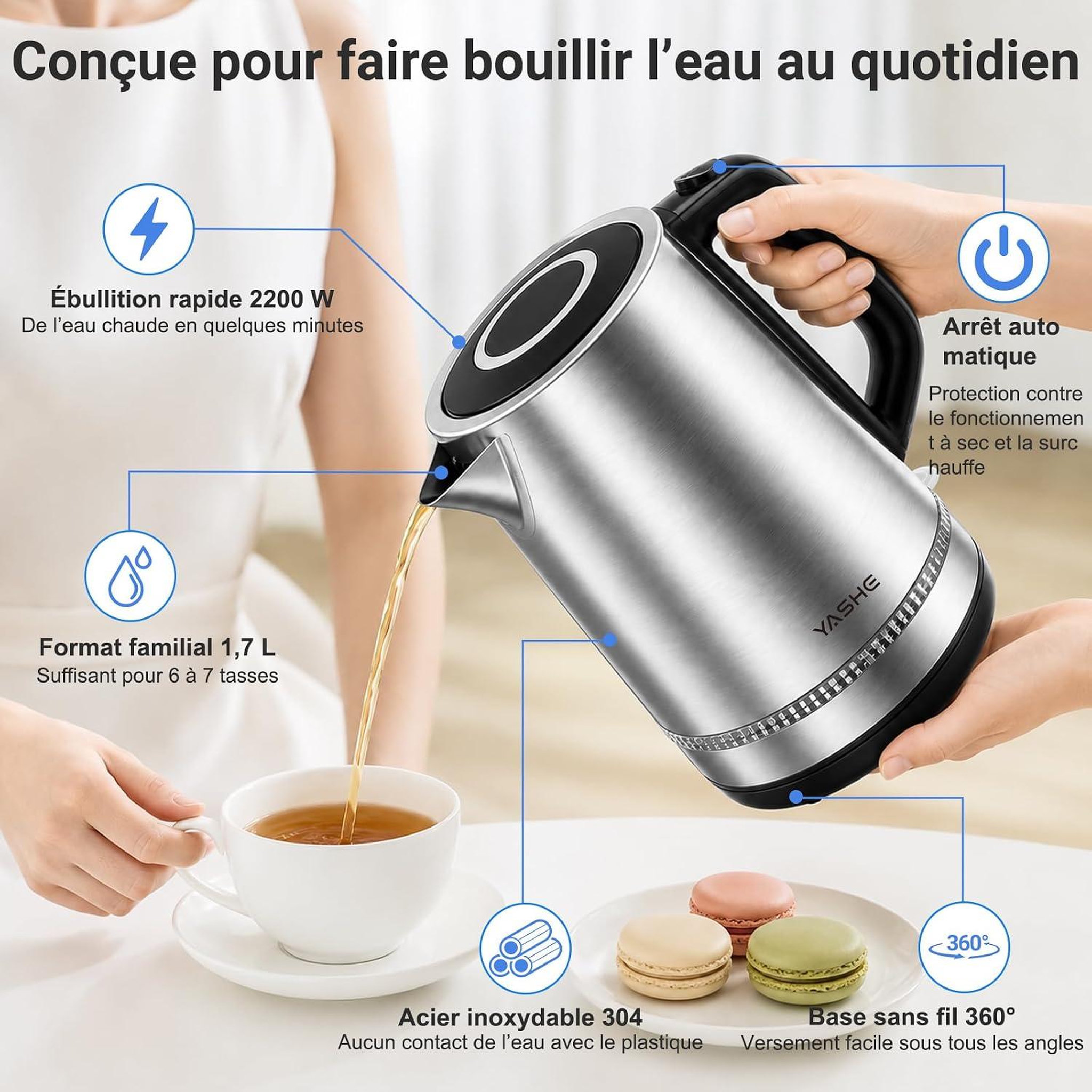 Voir la diapositive 2 : YASHE Bouilloire inox, 1,7 L, 2200 W, base 360°