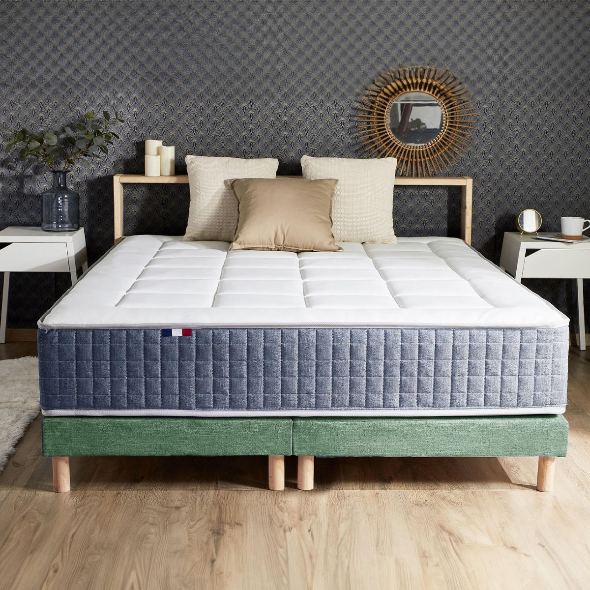 IDLITERIE Ensemble Matelas Ressort 7 zones + Mémoire de forme + Sommier KING STYLE Fabriqué en France