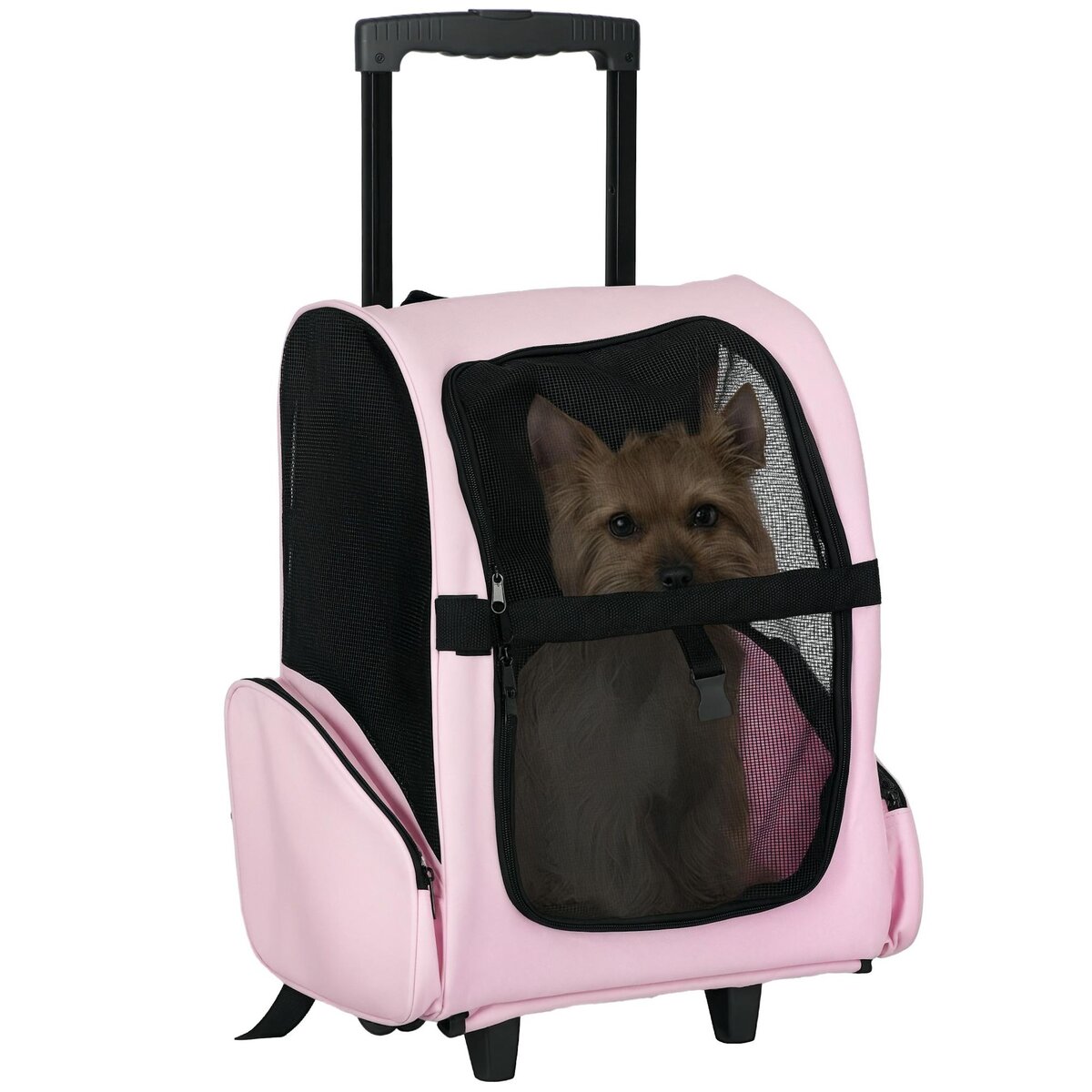PAWHUT 2 en 1 trolley chariot sac a dos sac de transport a roulettes pour chien chat rose