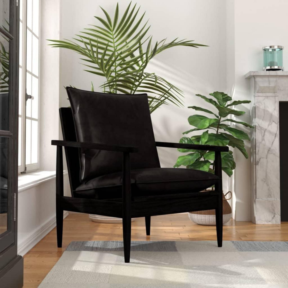 VIDAXL Fauteuil Noir Cuir veritable avec bois d'acacia