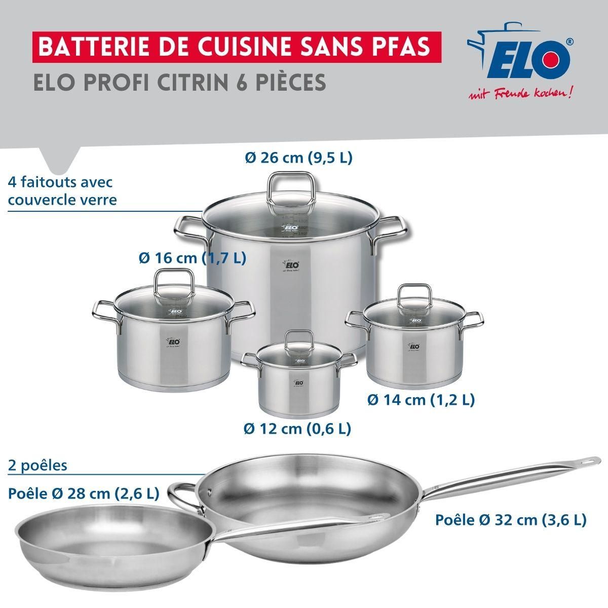 666 Barcelona Ensemble de 2 Poêles de cuisson 28 et 32 cm et 4 faitouts 12, 14, 16 et 26 cm Elo Profi Citrin