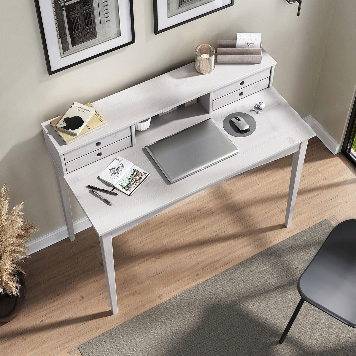 IDIMEX Bureau MILANO en pin massif avec 4 tiroirs et 1 niche