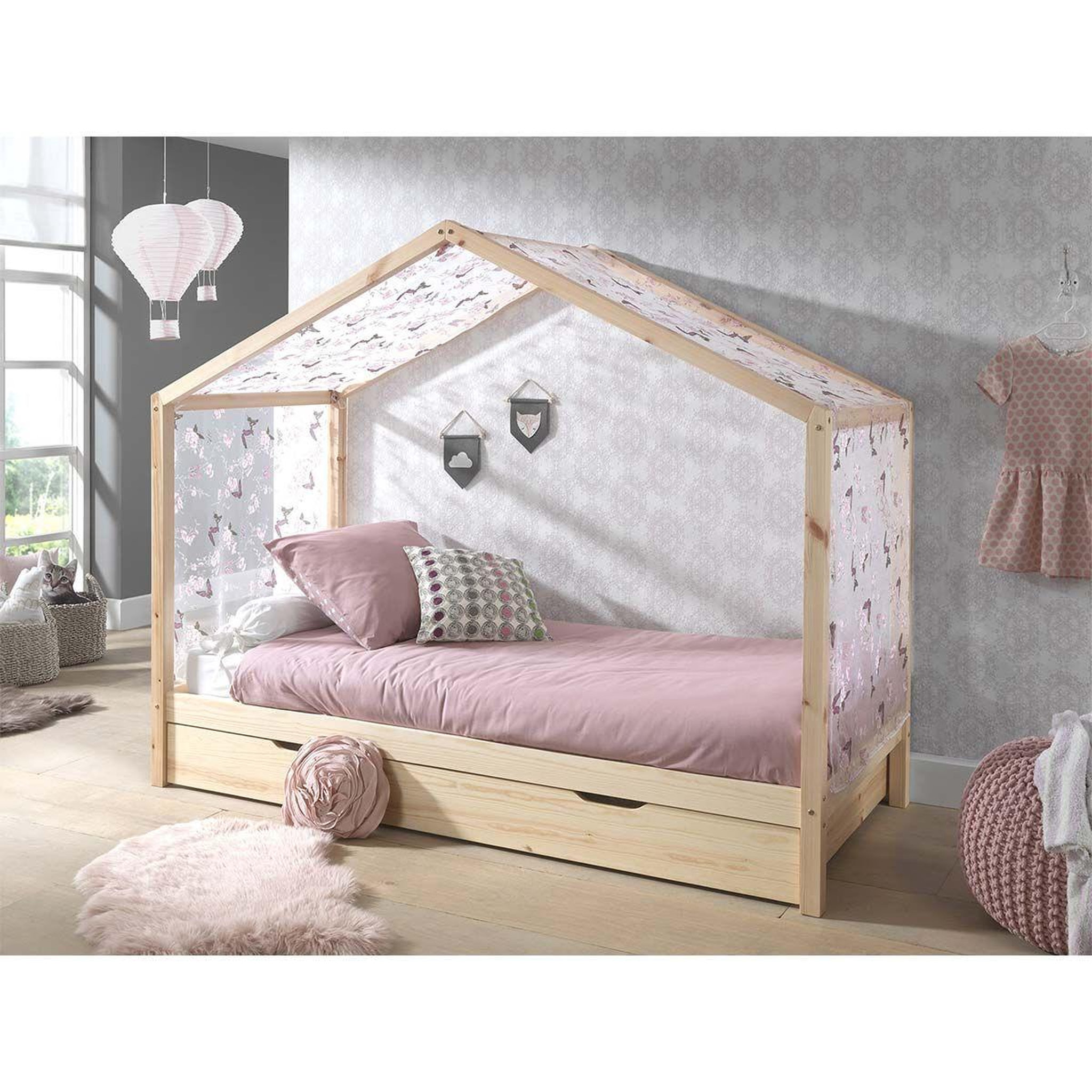 Paris Prix Pack - Lit Enfant, Tiroir & Voile  Dallas II  90x200cm Naturel