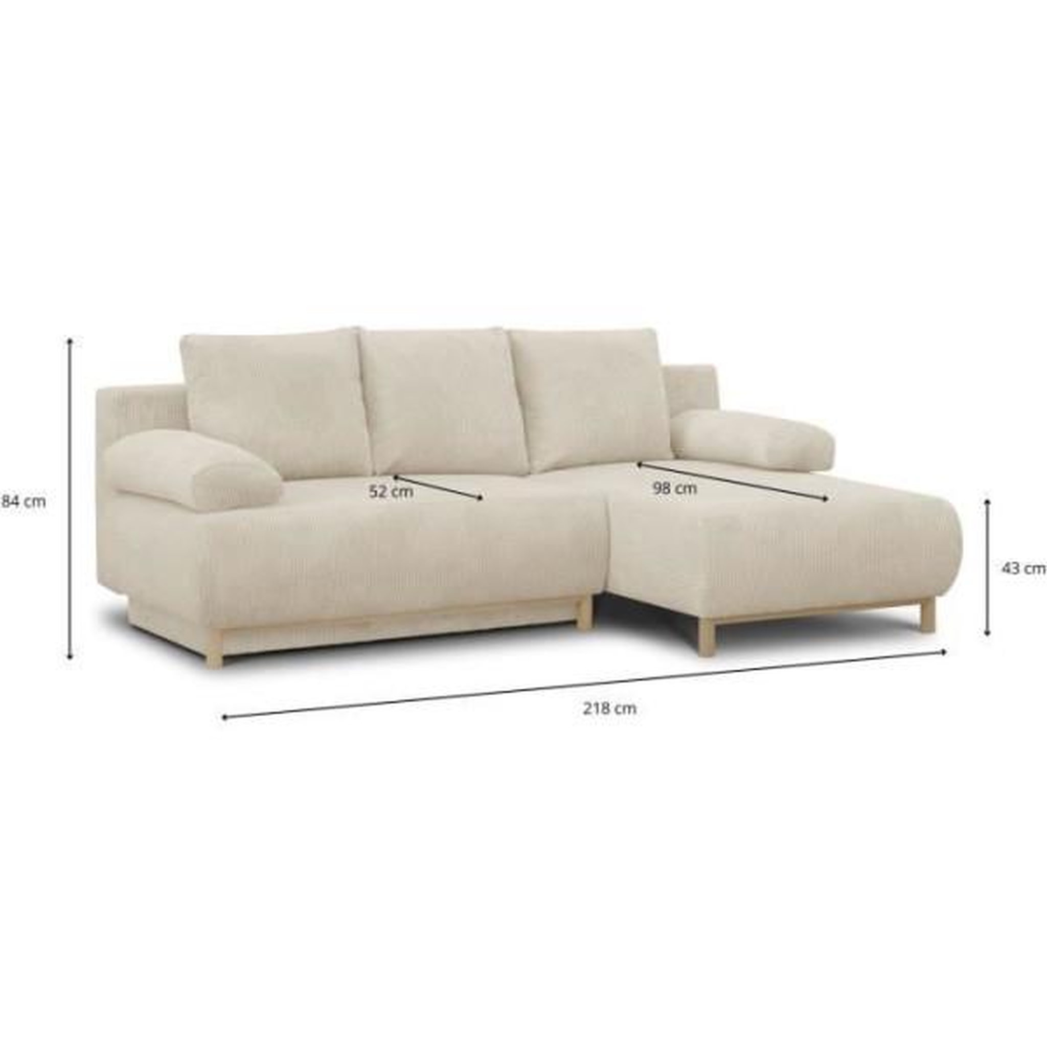 Voir la diapositive 5 : MARKET24 Canapé d'angle droit convertible MIKA 3 places - Velours côtelé beige - Coffre de rangement - L218 x P98/145 x H84 cm