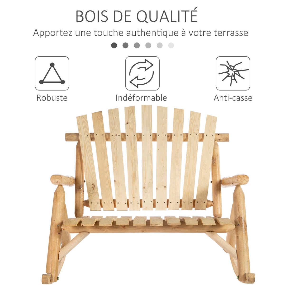OUTSUNNY Fauteuil de jardin Adirondack à bascule 2 places rocking chair style néo-rétro assise dossier ergonomique bois naturel de pin