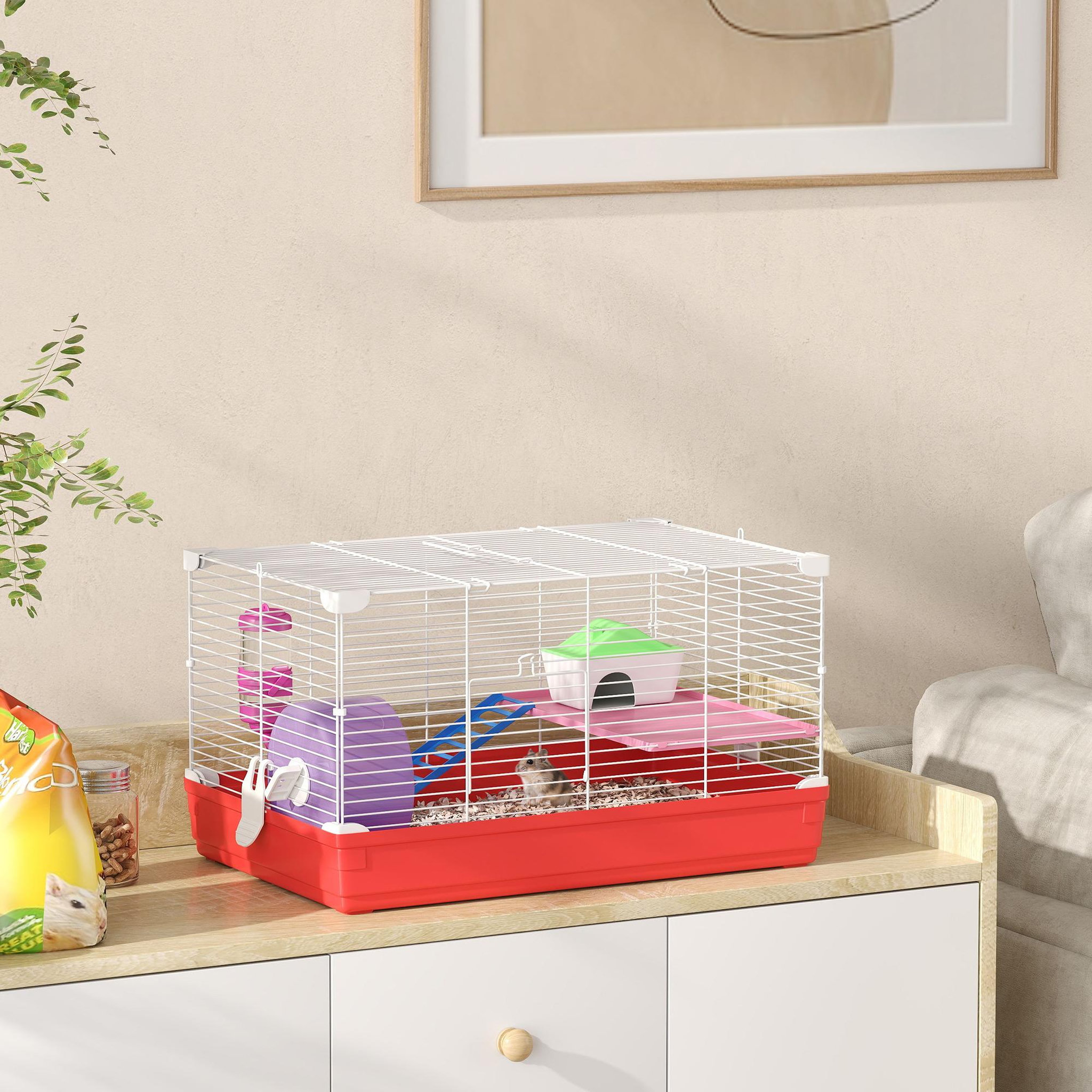 Voir la diapositive 2 : PAWHUT Cage rongeur hamster 2 niveaux cabane roue échelle biberon mangeoire 47 x 30 x 27 cm blanc rouge