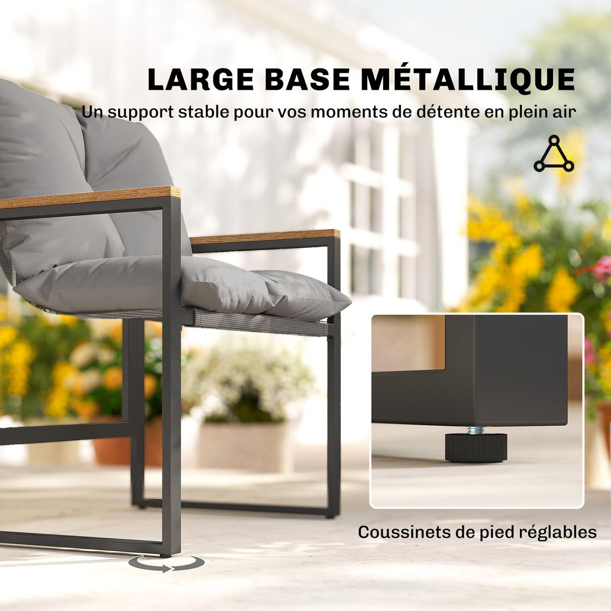 OUTSUNNY Salon de jardin 2 places 2 fauteuils 1 table basse métal gris