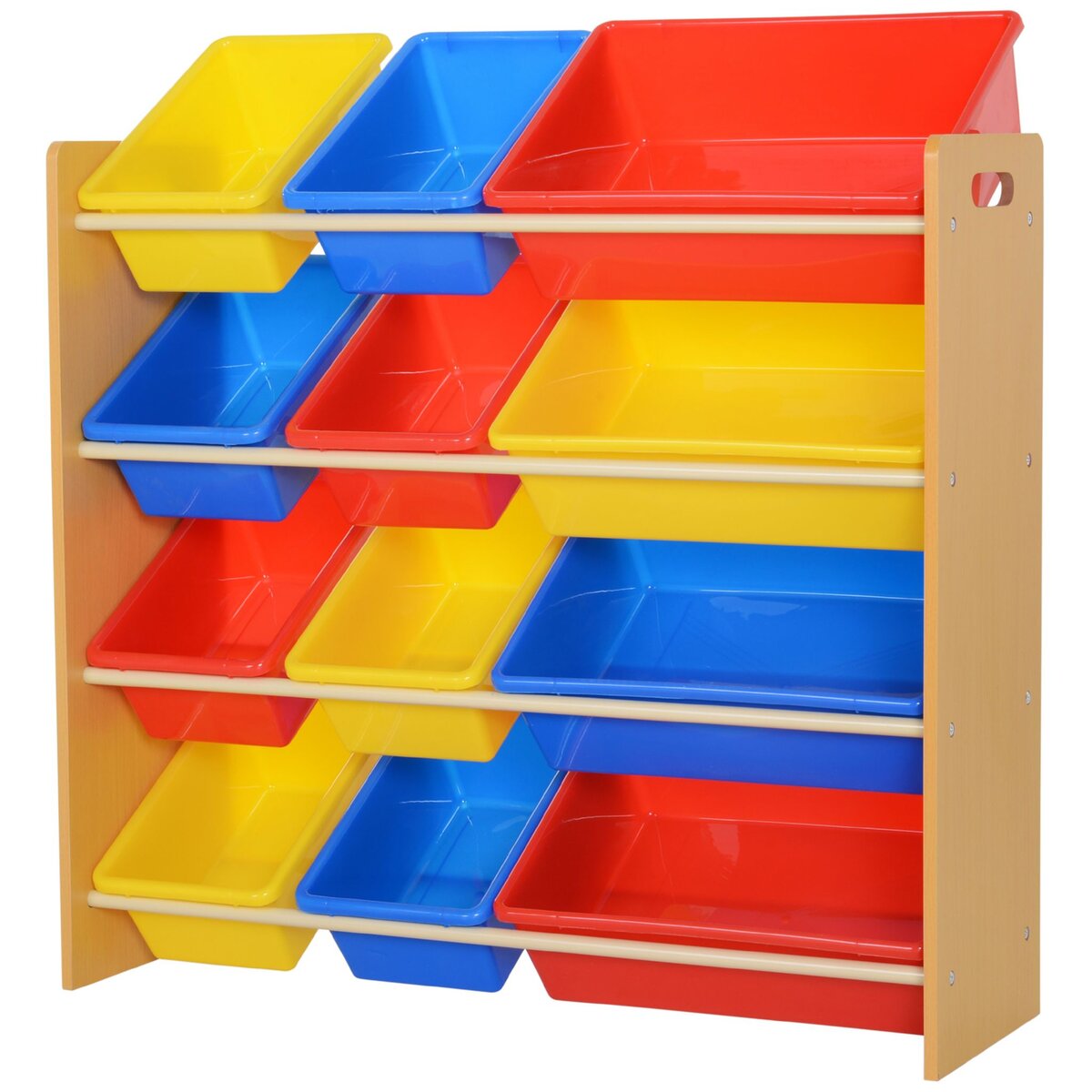 HOMCOM Étagère pour jouets enfants meuble de rangement 12 casiers plastique  amovibles inclus cadre MDF coloris bois de hêtre pas cher 