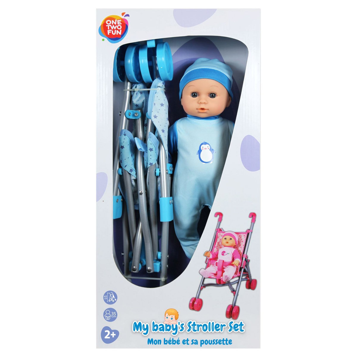 One Two Fun Mon bébé 35cm et sa poussette - Set bleu