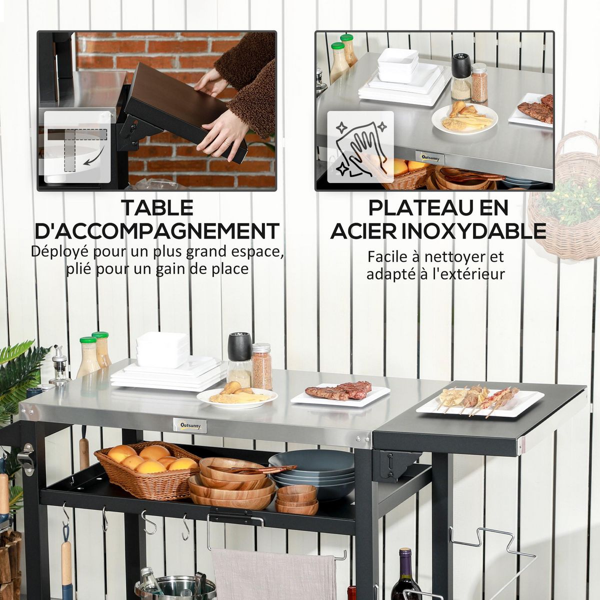 OUTSUNNY Chariot desserte barbecue plancha multi-équipement plateau acier inox