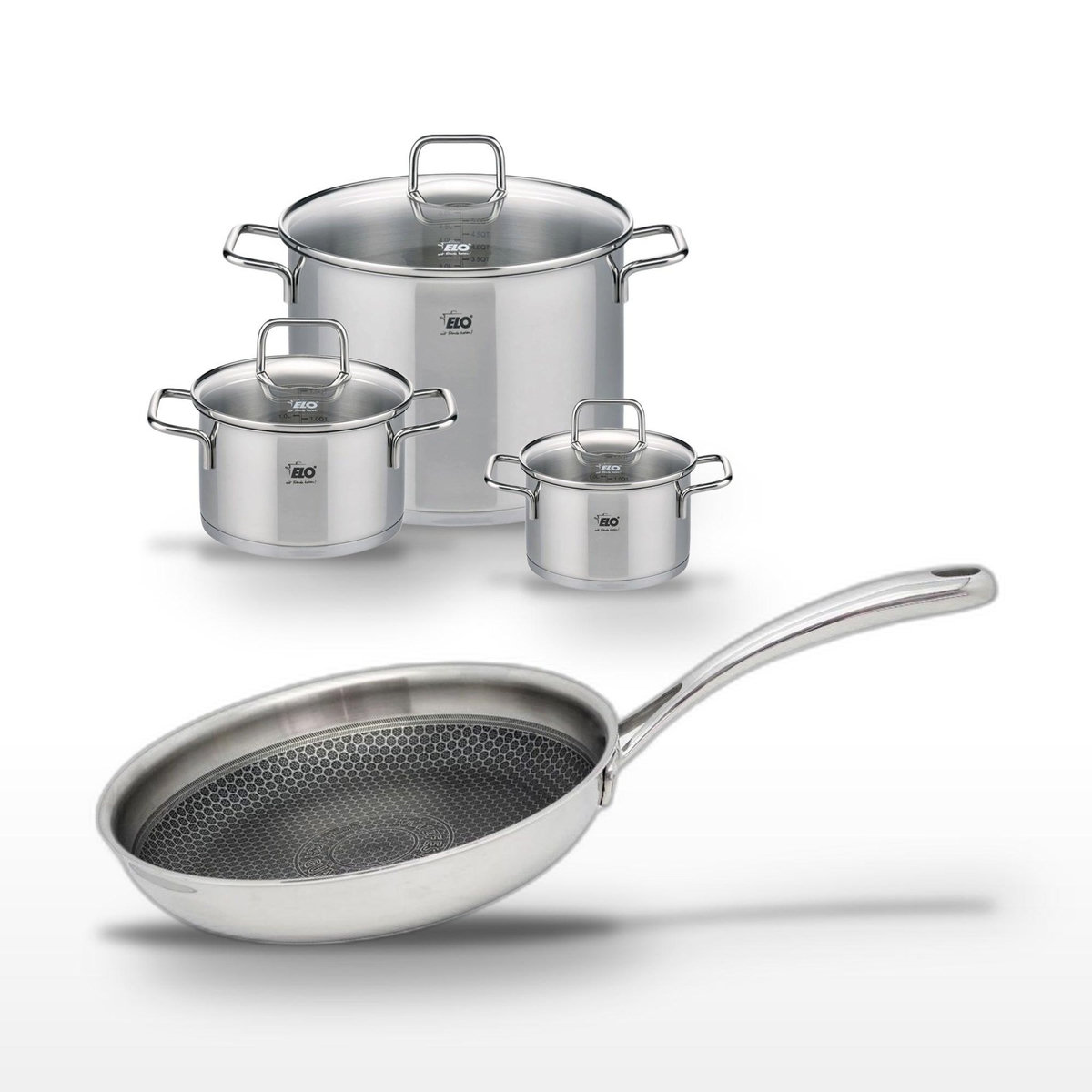 ELO Lot de 3 Faitouts Elo Relief Evolution 16/20/26 cm et Poêle 28 cm