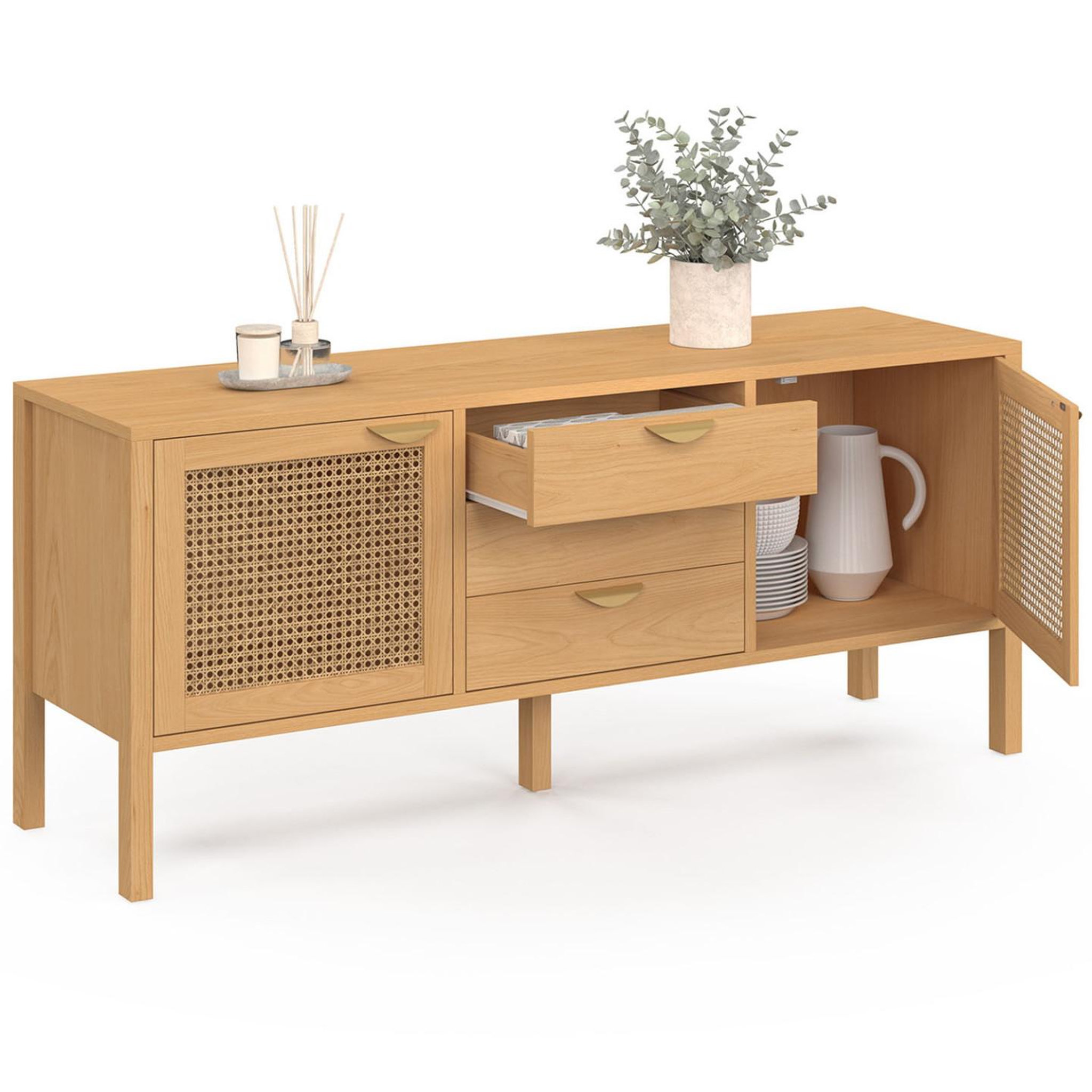Voir la diapositive 4 : ID MARKET Buffet bas 140 cm edhen 2 portes et 3 tiroirs bois et cannage