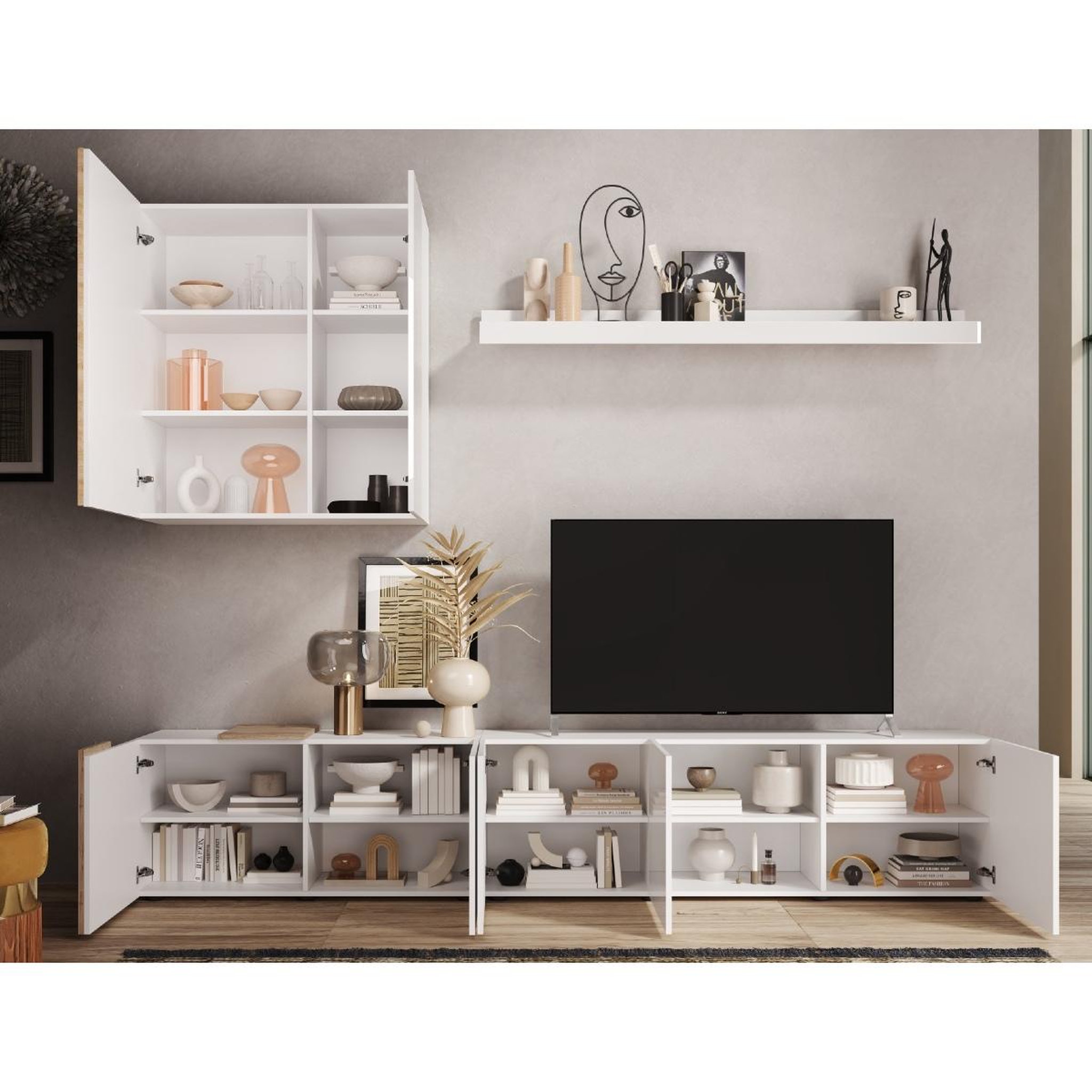 Voir la diapositive 3 : JLC KREATION Ensemble tv mural moderne bois et blanc 300cm sia