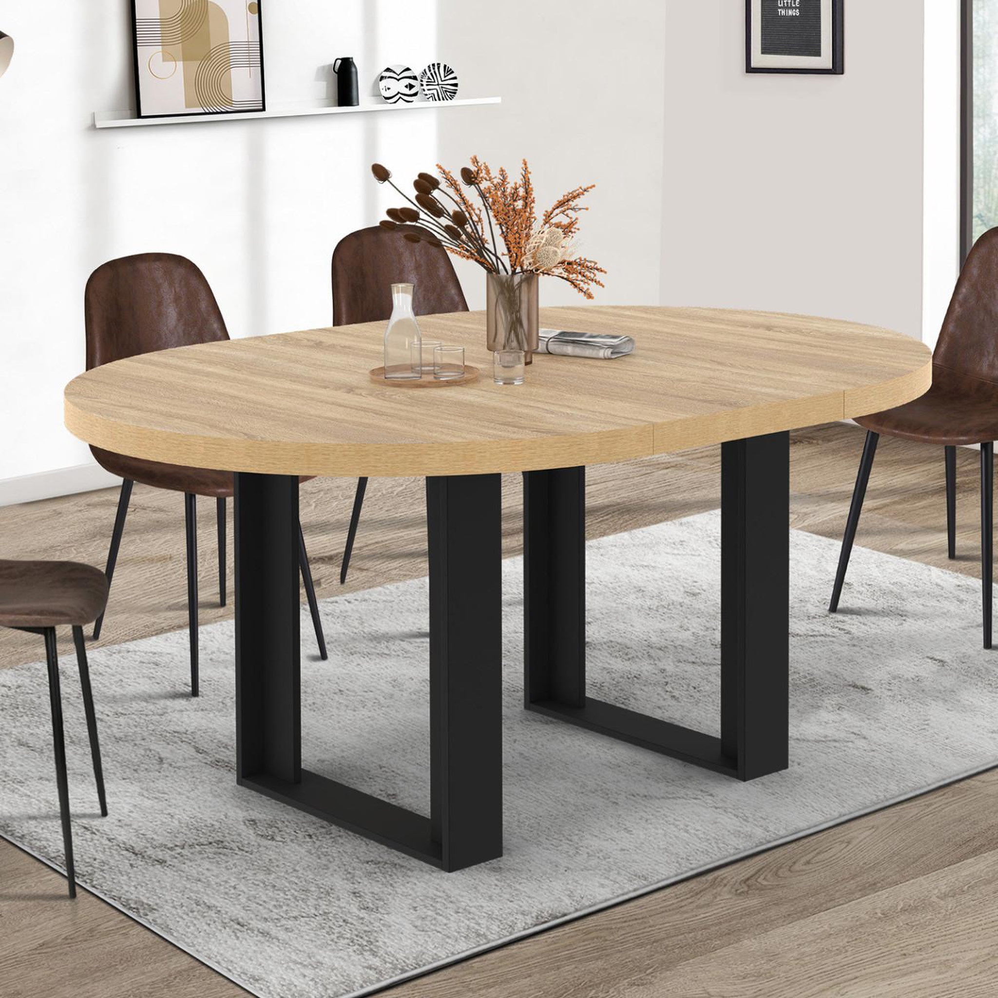 Voir la diapositive 2 : ID MARKET Table à manger extensible ronde phoenix 4-6 personnes bois et noir 110-150 cm