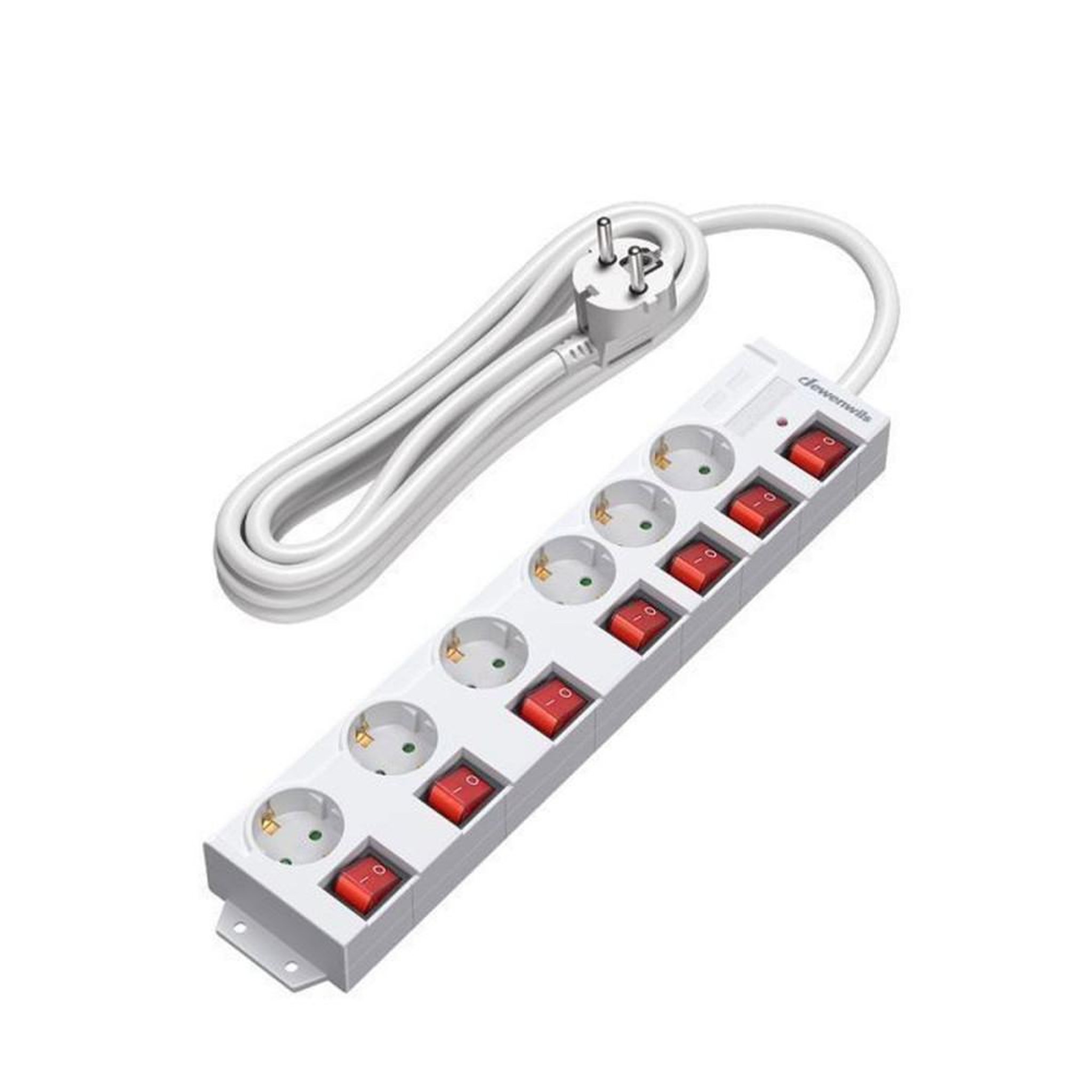 Multiprise 6 prises 16A 3680W avec 7 interrupteurs bipolaires LED, câble 5 m, protection surtension et court-circuit, montage mural/bureau, blanche