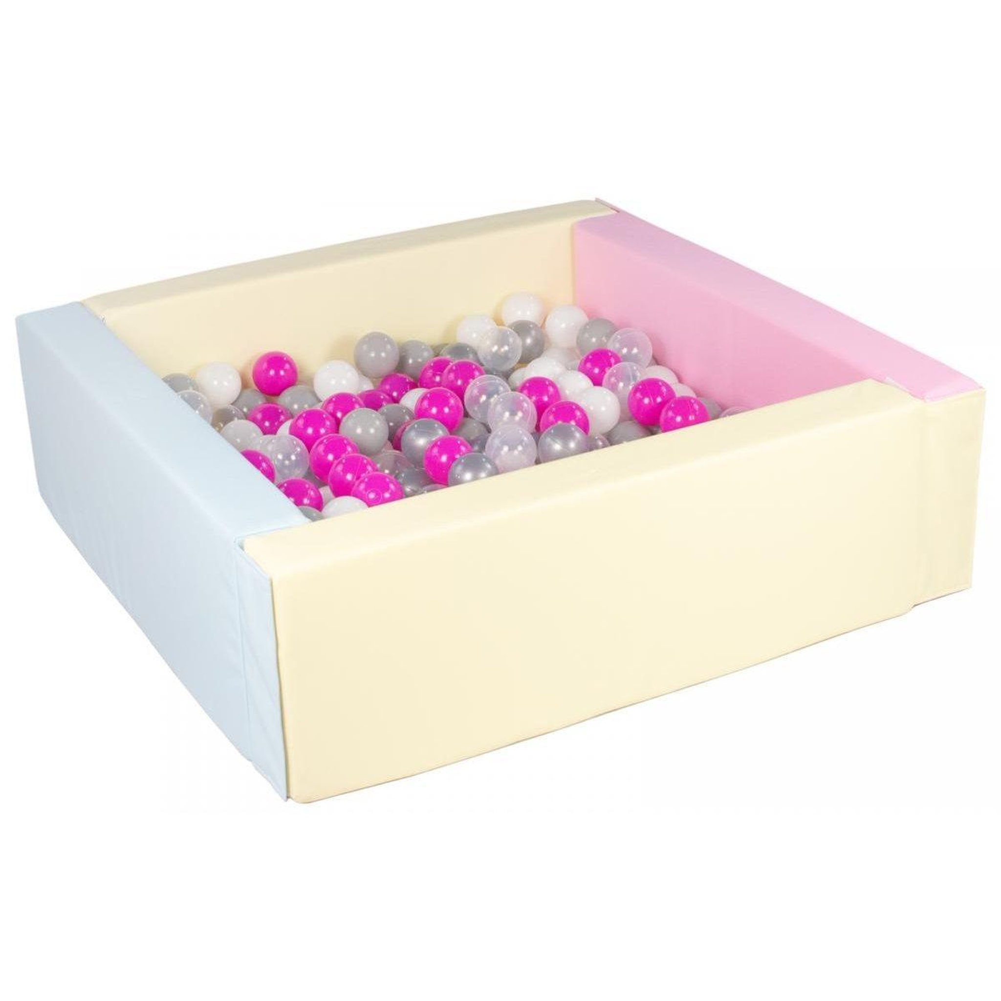 VELINDA Piscine à balles carrée avec200 balles - bords 3 couleurs/blanc, transparent, rose, gris, argent