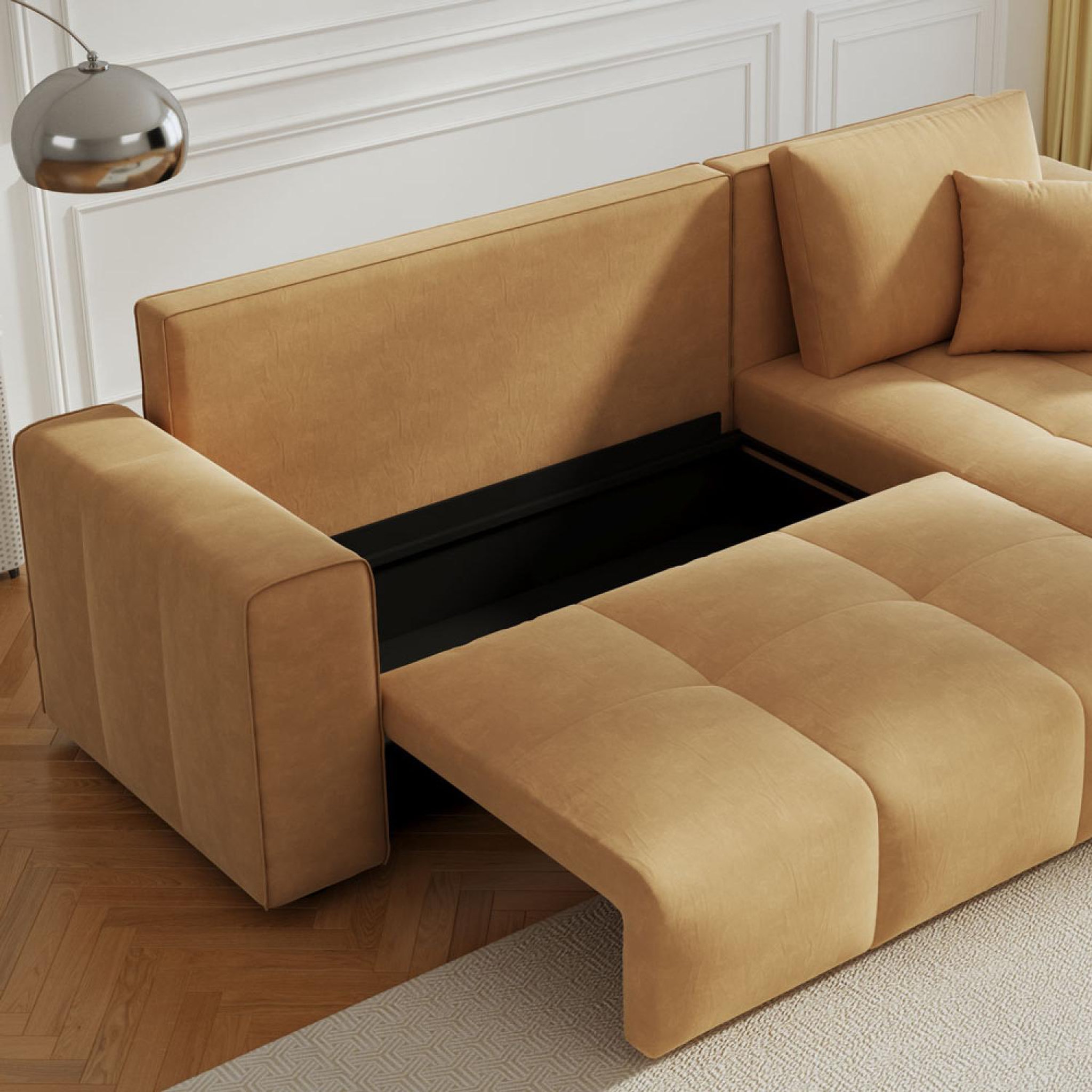 Voir la diapositive 5 : CONCEPT USINE Canapé d'angle convertible 4 places avec coffre en velours jaune brighton