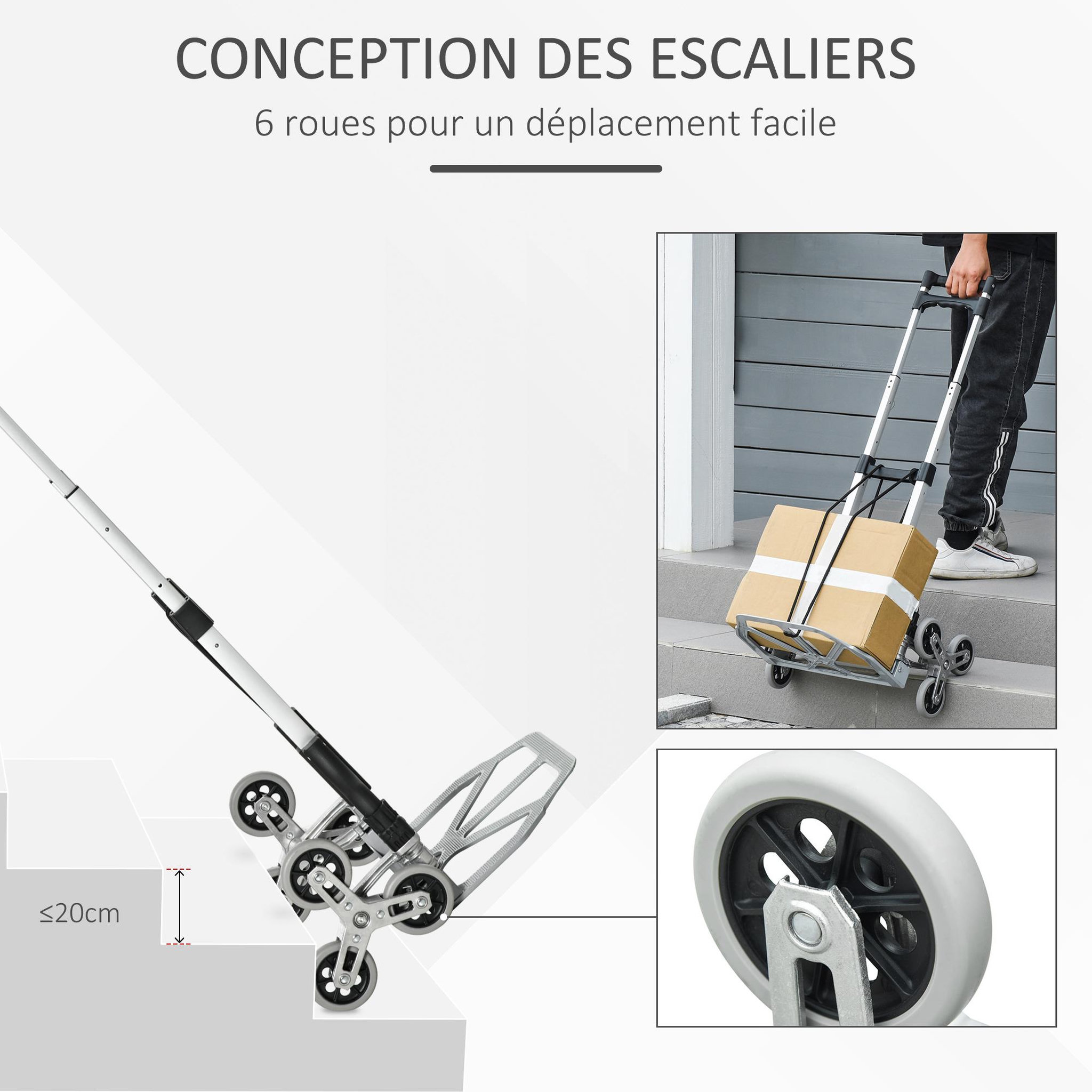 Voir la diapositive 5 : HOMCOM Diable pour escalier 6 roues diable repliable 70 Kg - poignée télescopique - chariot de manutention pliable alu. Noir