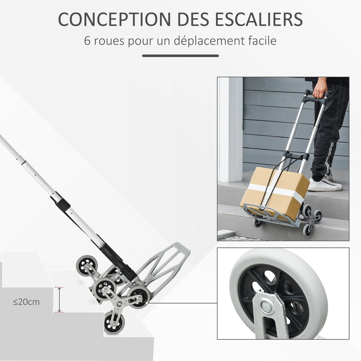 HOMCOM Diable pour escalier 6 roues diable repliable 70 Kg - poignée télescopique - chariot de manutention pliable alu. Noir