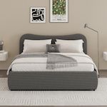 CONCEPT USINE Lit coffre 160x200cm design arrondi velours côtelé gris PLANO