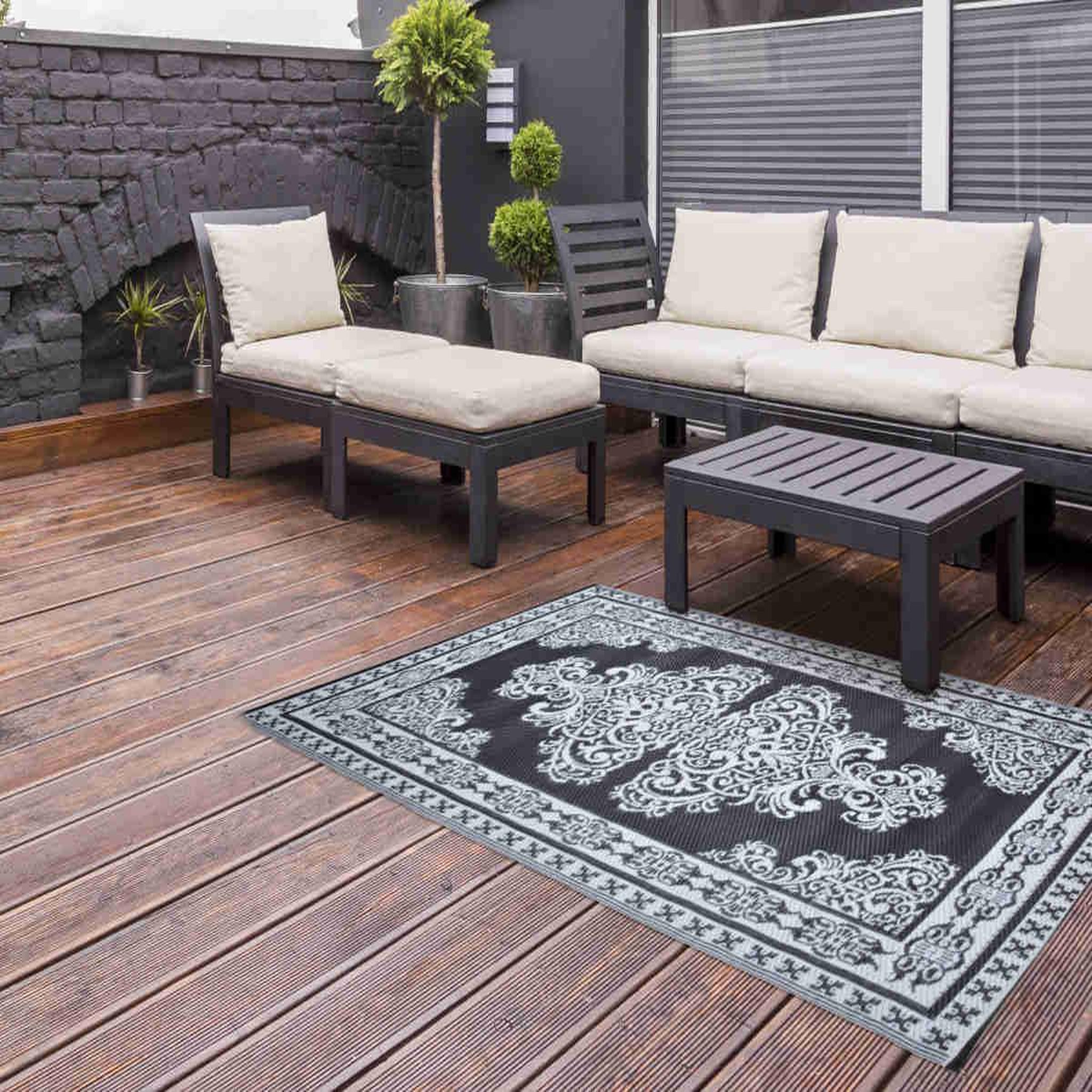 Voir la diapositive 3 : ESSCHERT DESIGN Tapis d'extérieur rectangulaire réversible motif Perse noir/blanc - 186 x 119 cm - Esschert Design