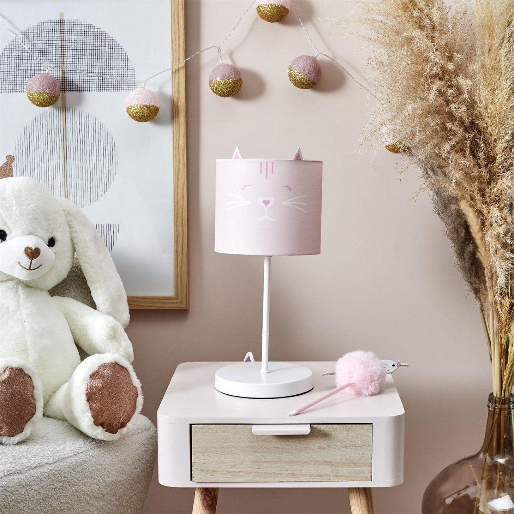 Voir la diapositive 3 : HOME DECO KIDS Lampe de chevet enfant  chat  36cm rose