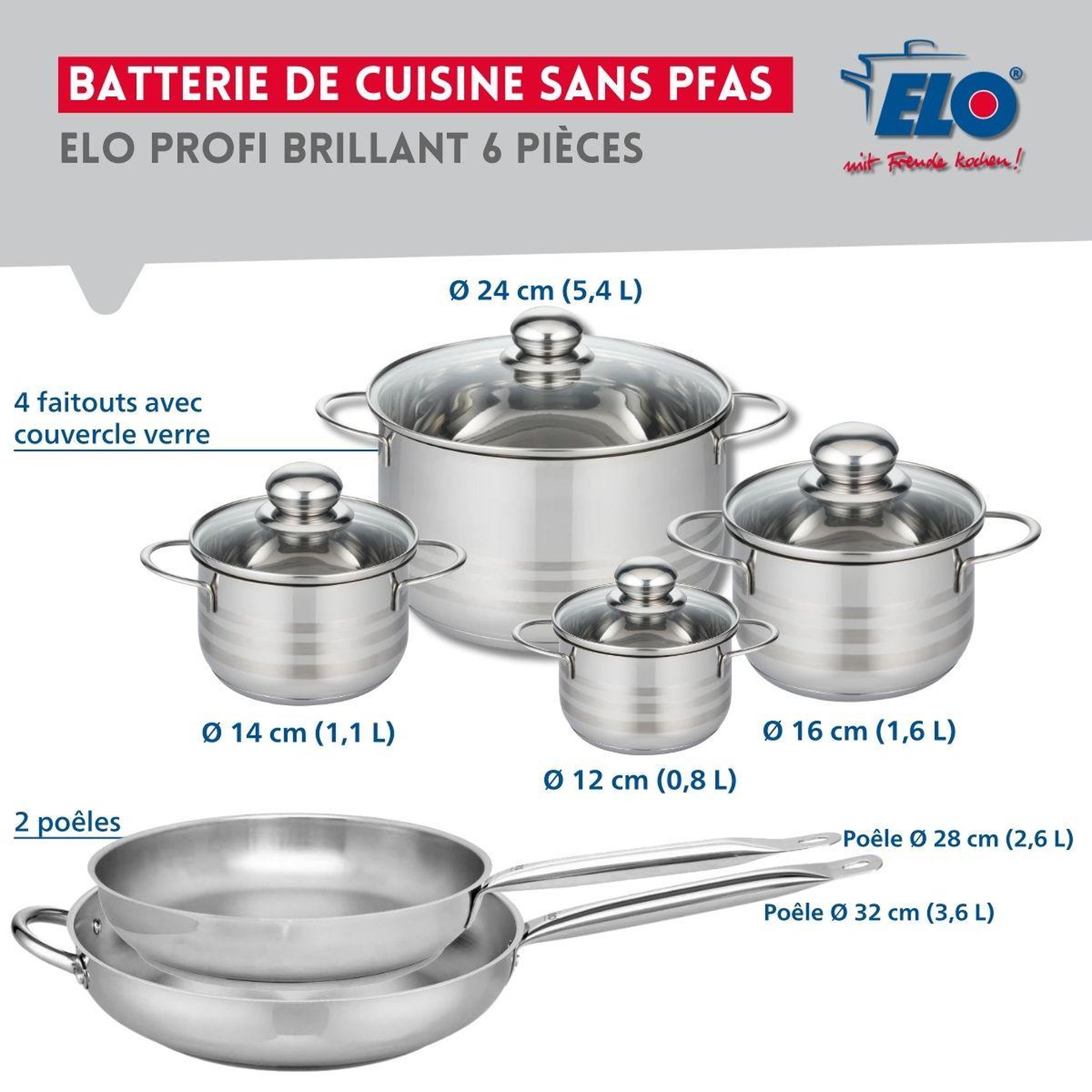 Voir la diapositive 2 : ELO Ensemble de 2 poêles de cuisson 28 et 32 cm et 4 faitouts 12, 14, 16 et 24 cm elo profi brillant