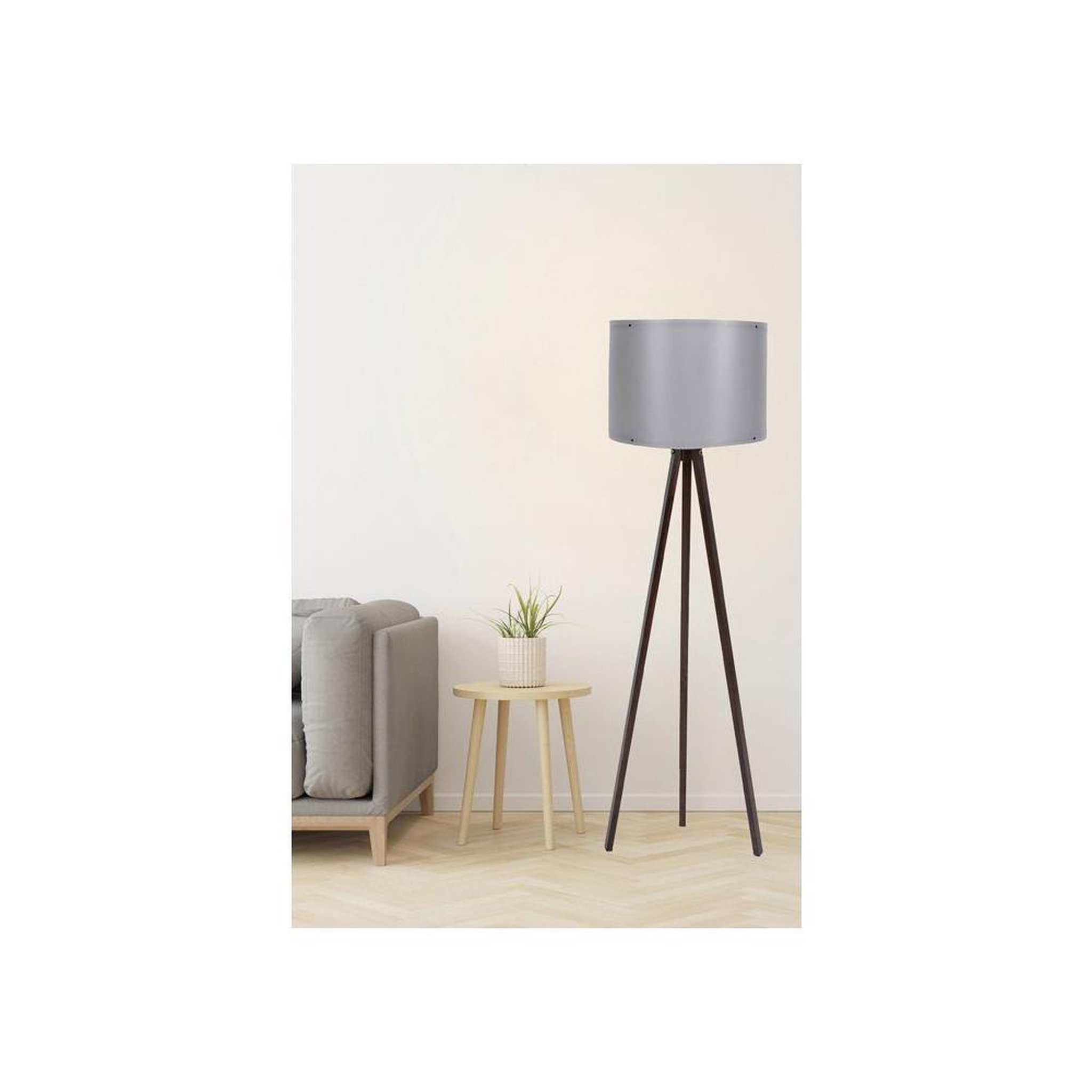 Voir la diapositive 2 : Lampe sur pied style scandinave grise et noyer 145 cm avec trépied MDF et abat-jour en polypropylène E27 40 W