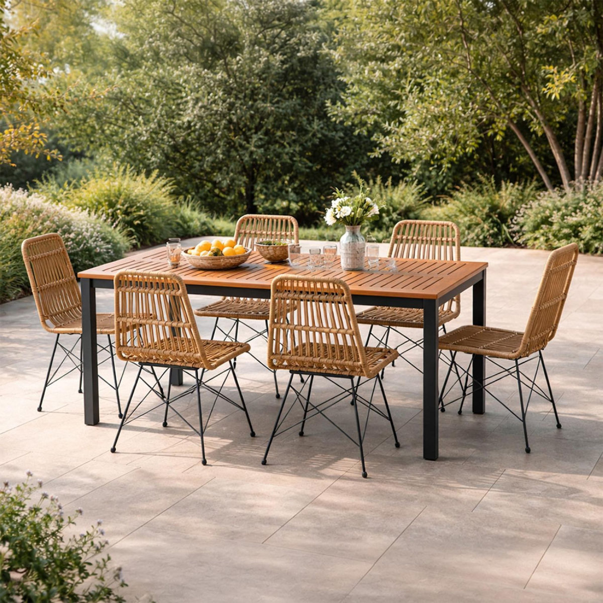 CONCEPT USINE Salon de jardin 6 places avec table en bois naturel et chaises en résine tressée BAGO