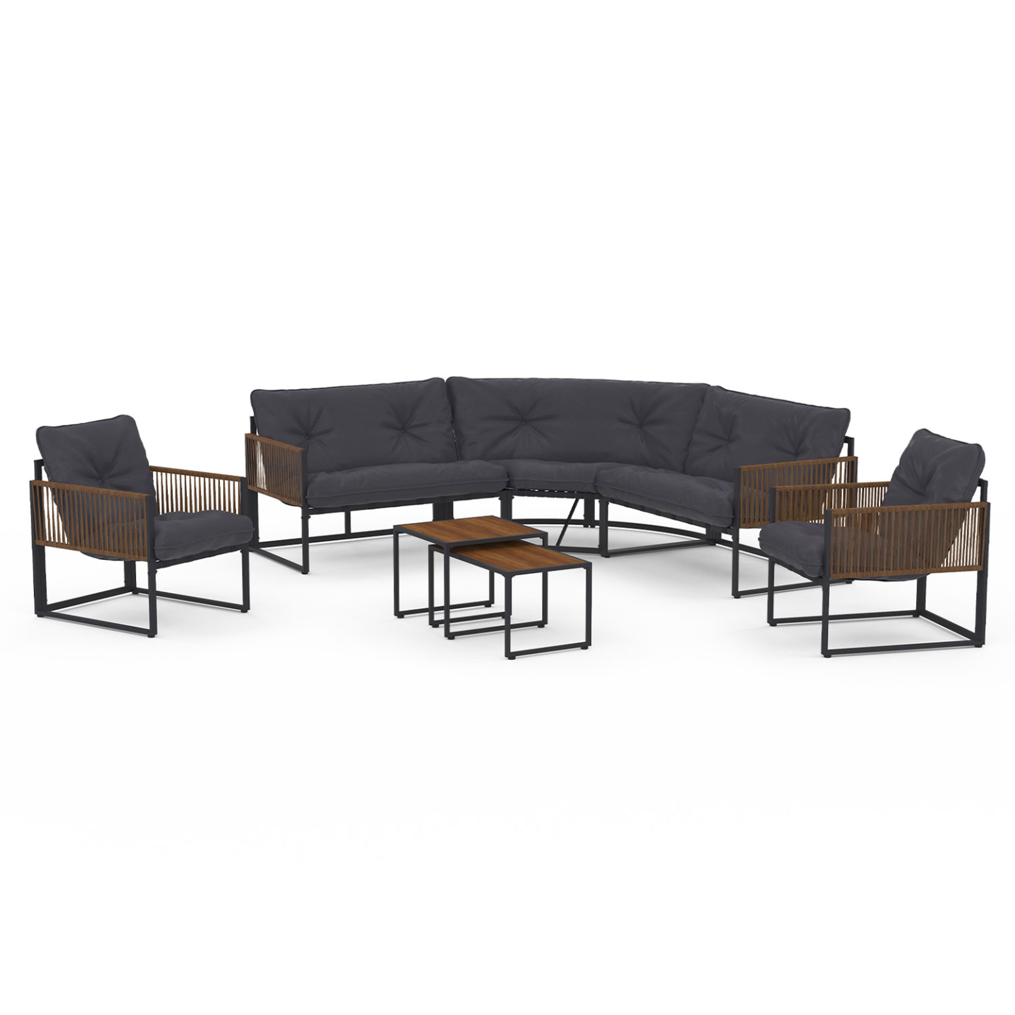 ID MARKET Salon de jardin bas rio 8 places salon d'angle structure métal gris anthracite, cordage effet rotin avec coussins gris