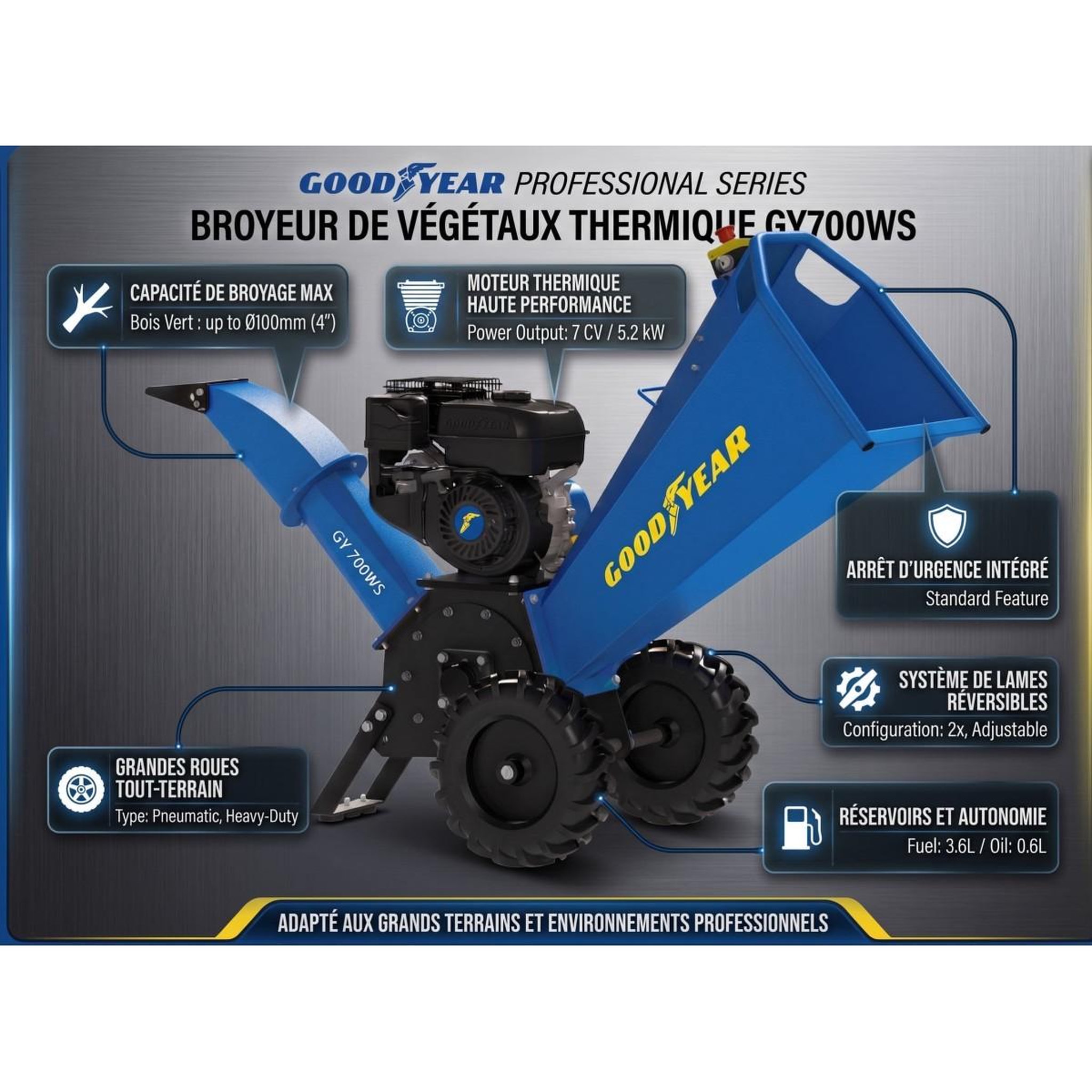 Voir la diapositive 2 : GOODYEAR Broyeur de végétaux thermique 7cv 212 cm³, coupe ø100 mm max, 2 lames réversibles, démarrage manuel goodyear