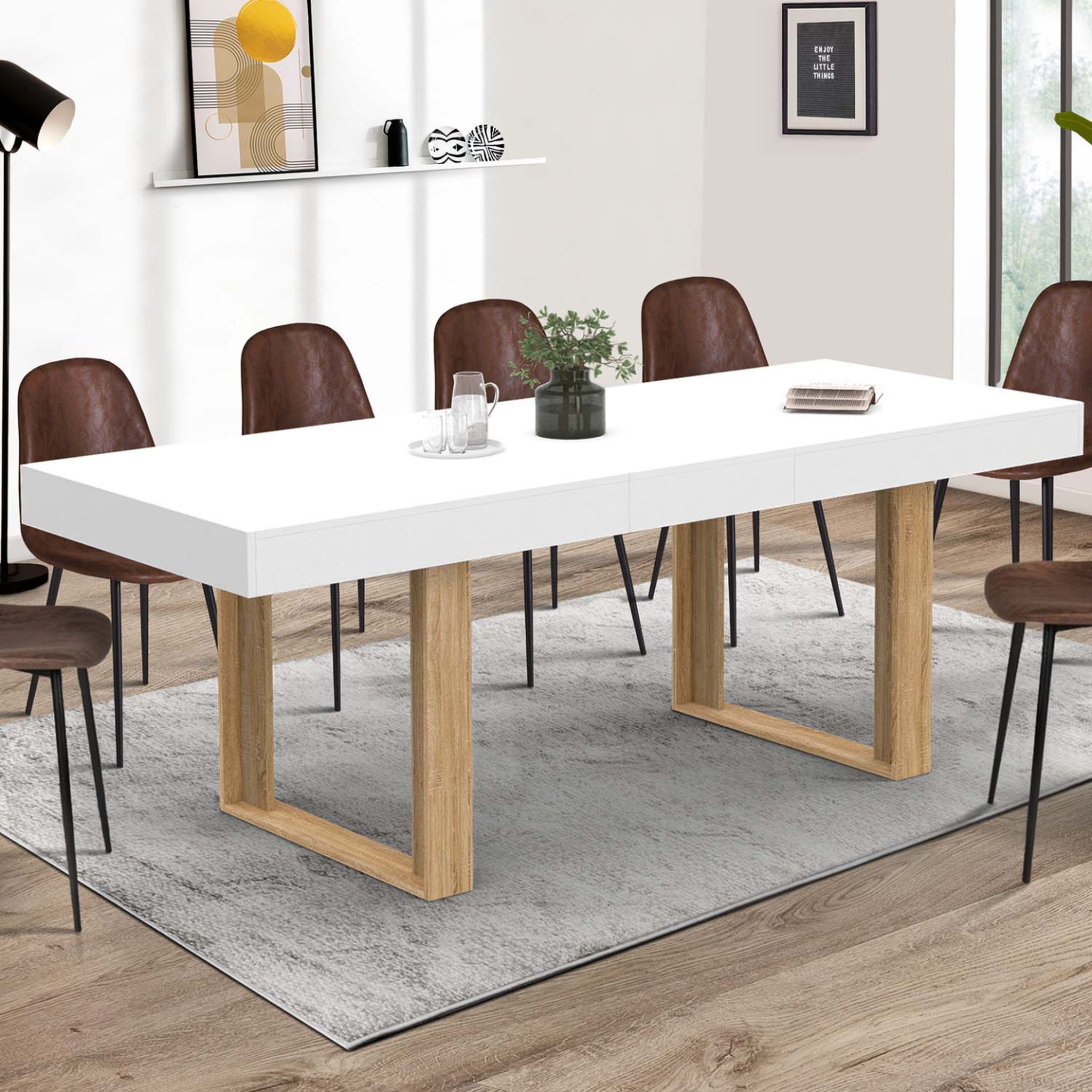 Voir la diapositive 2 : ID MARKET Table à manger extensible rectangle phoenix 4-8 personnes blanc pieds bois 160-200 cm
